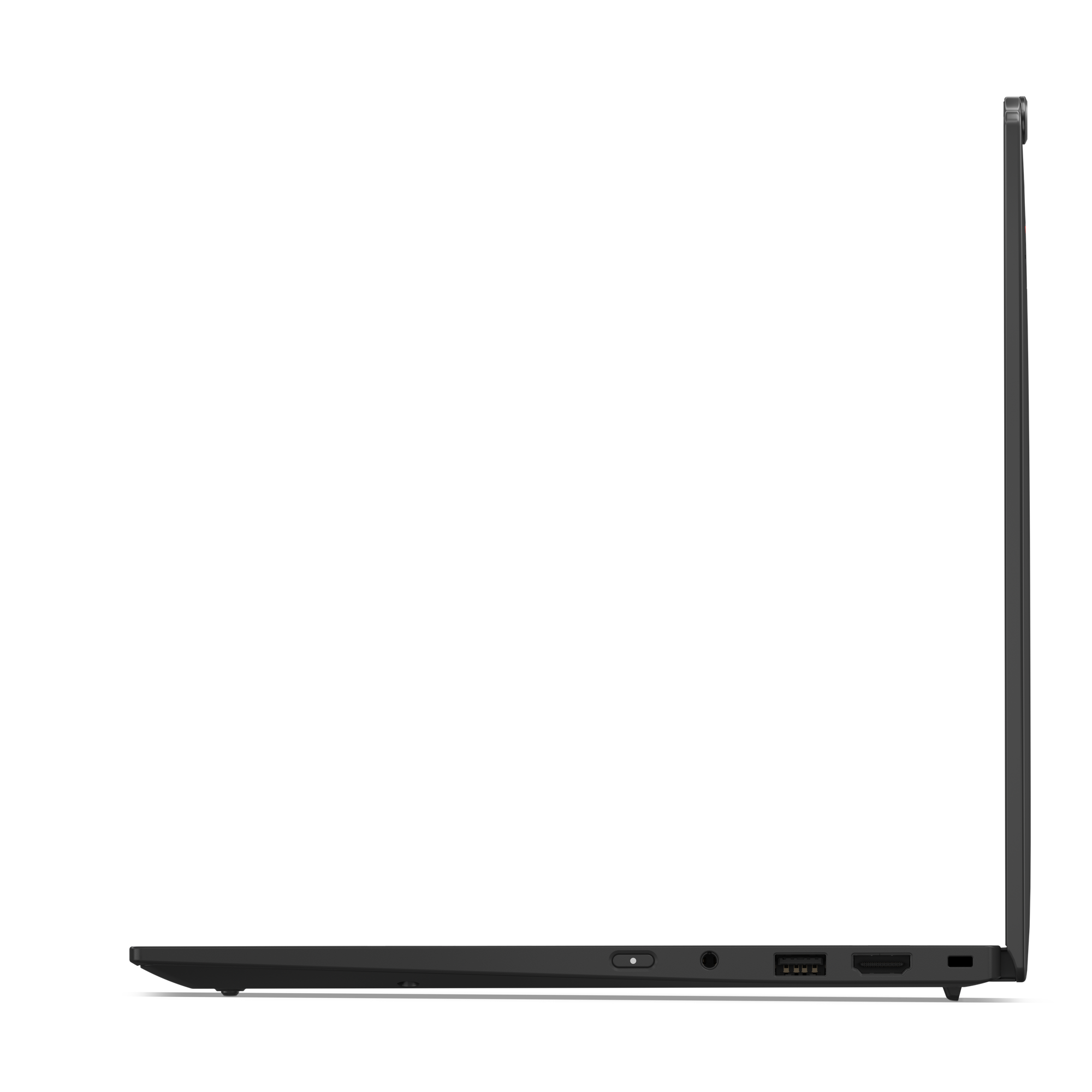 Seitenansicht eines schwarzen Laptops. Sichtbare Anschlüsse sind USB, HDMI und ein Stromanschluss. Der Bildschirm ist geschlossen.