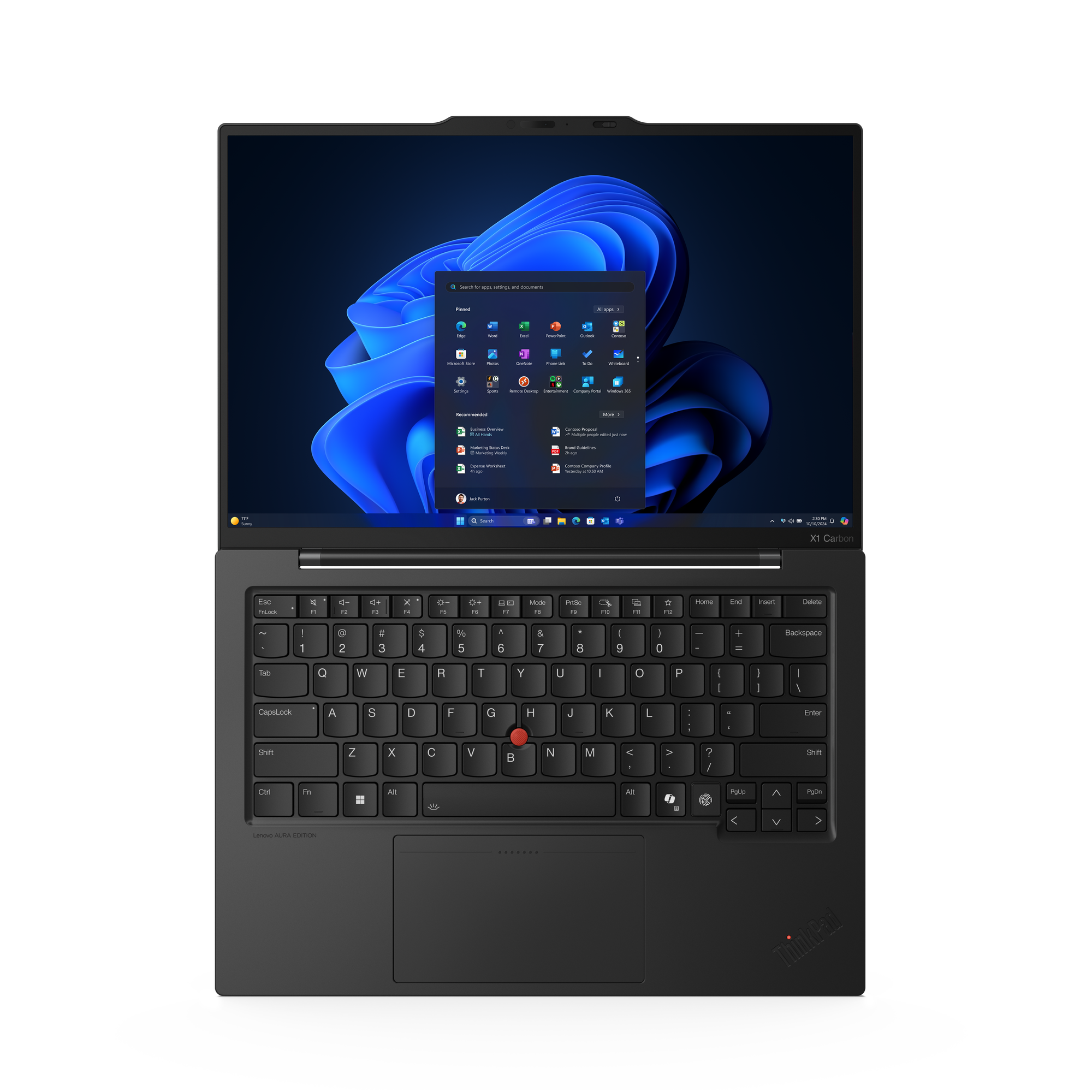 Ein schwarzer Laptop mit Windows-Oberfläche ist geöffnet. Die Tastatur ist sichtbar, mit einem roten Trackpoint. Windows-Symbole sind auf dem Bildschirm.