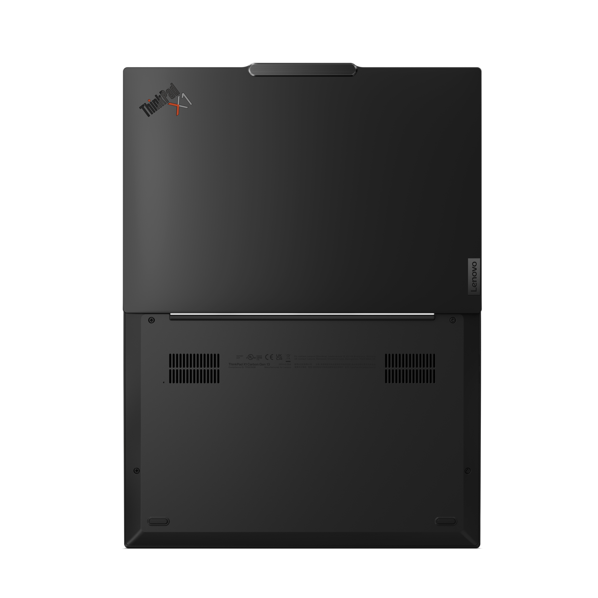 Schwarzer Lenovo ThinkPad X1 Laptop, Draufsicht. Zeigt ThinkPad Logo, Lenovo Branding und Lüftungsschlitze.