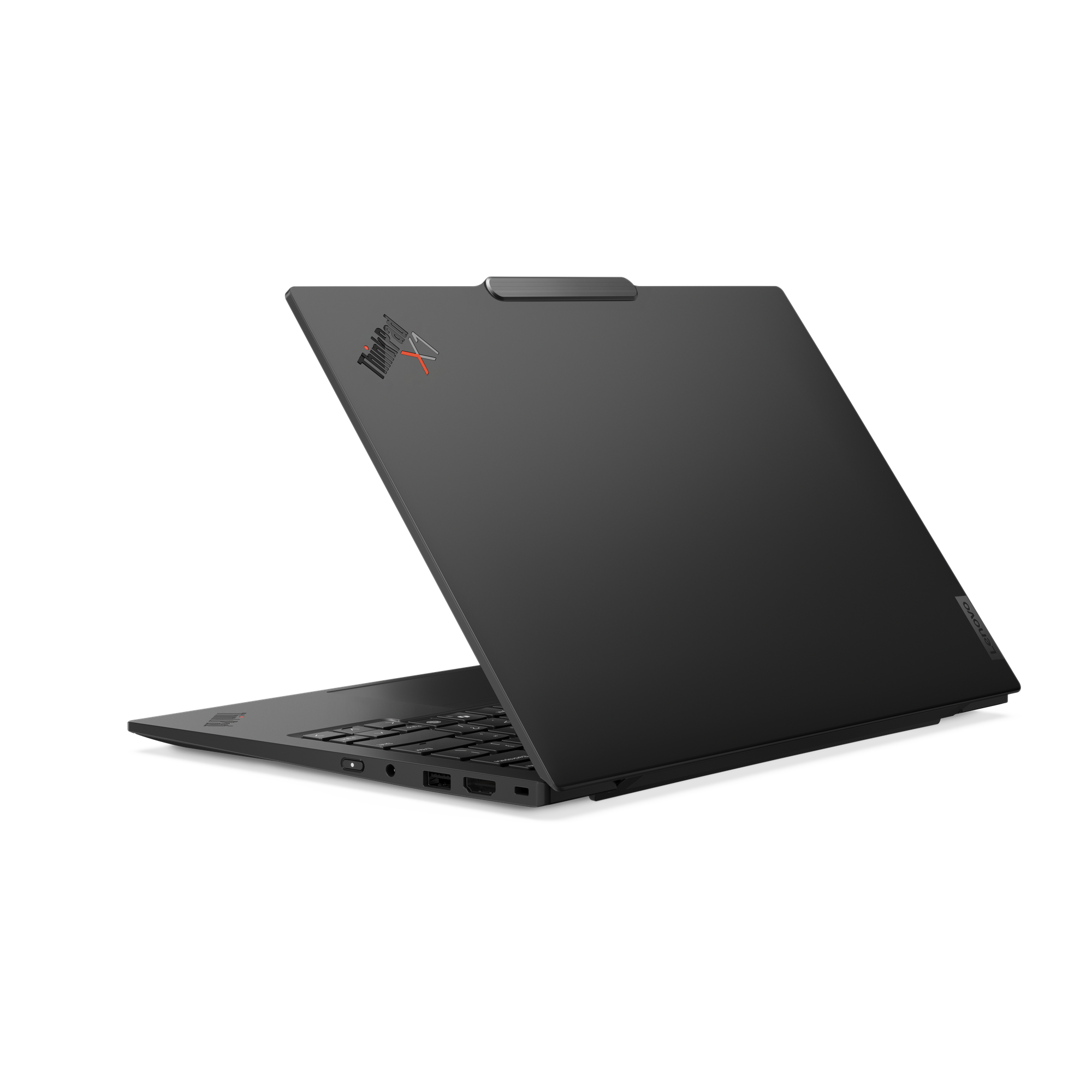 Schwarzer Lenovo ThinkPad X1 Laptop, teilweise geöffnet. Tastatur ist sichtbar. Schwarzer Hintergrund.