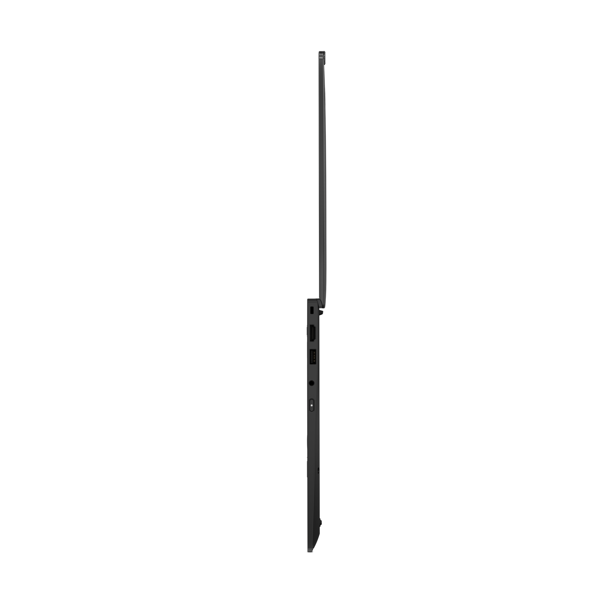 Seitenansicht eines schwarzen Laptops. Anschlüsse sind an der Seite sichtbar. Der Laptop befindet sich vor weißem Hintergrund.
