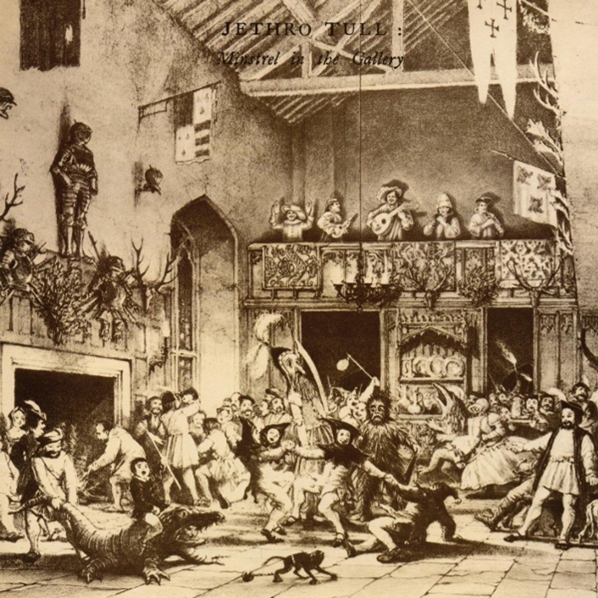 L'illustration représente une scène médiévale avec des personnages, un balcon avec des musiciens et une foule. Un chevalier est en haut, et un reptile.