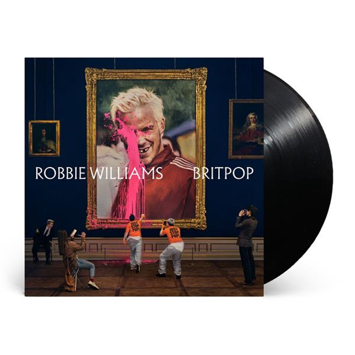 Robbie Williams albumhoes. Een portret is bespat met roze verf. Mensen staan op een vloer. Plaat rechts.
