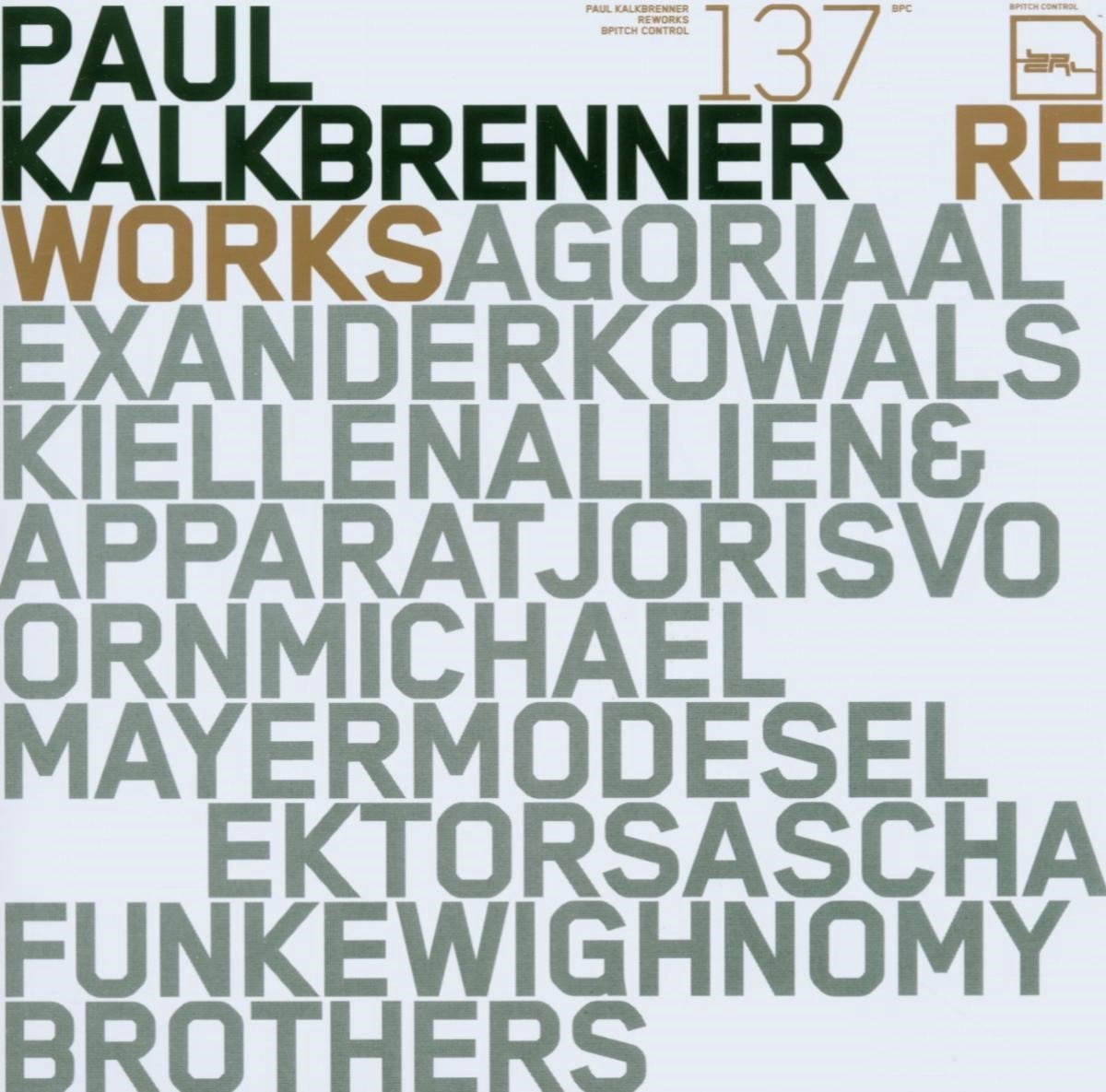 Pochette de l'album "Works" de Paul Kalkbrenner. Comprend du texte de différentes tailles et couleurs, y compris le nom de l'artiste et les titres des chansons.