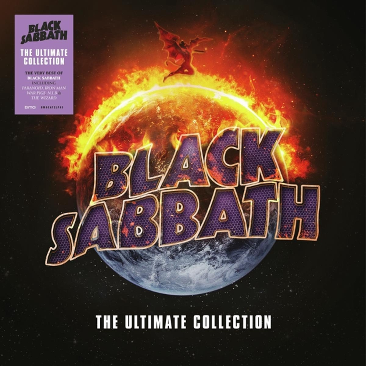 Albumhoes van Black Sabbath's 'The Ultimate Collection'. Toont het logo van de band over een wereldbol, met een vurige achtergrond en een vliegende demon.