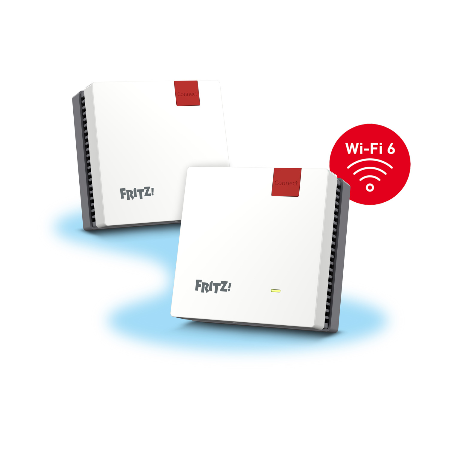 Due router FRITZ! Wi-Fi 6 bianchi con etichette rosse 'Connect'. Un'icona Wi-Fi 6 a destra.