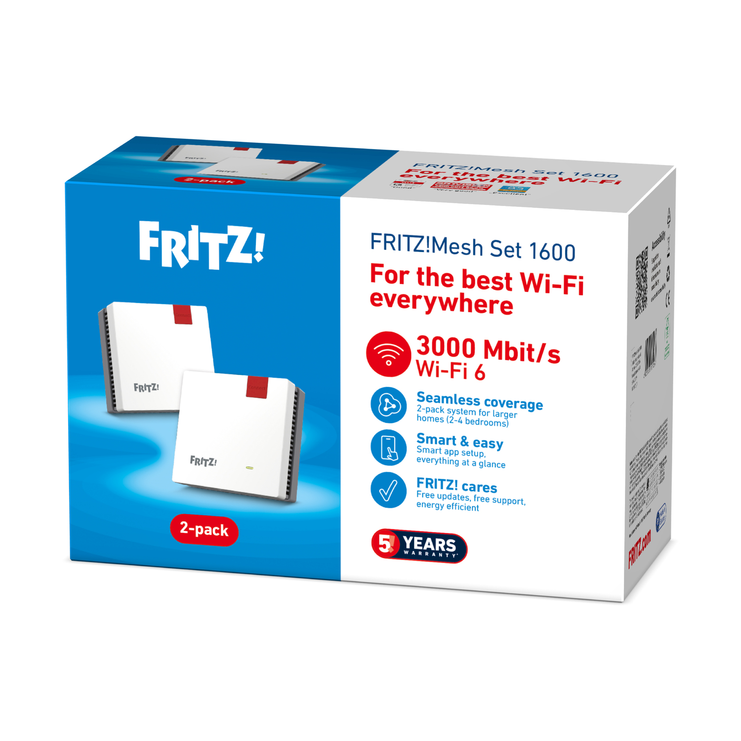 Una scatola di FRITZ!Mesh Set 1600 Wi-Fi. Mostra due dispositivi bianchi, il logo del marchio e i dettagli del prodotto con 5 anni di garanzia.