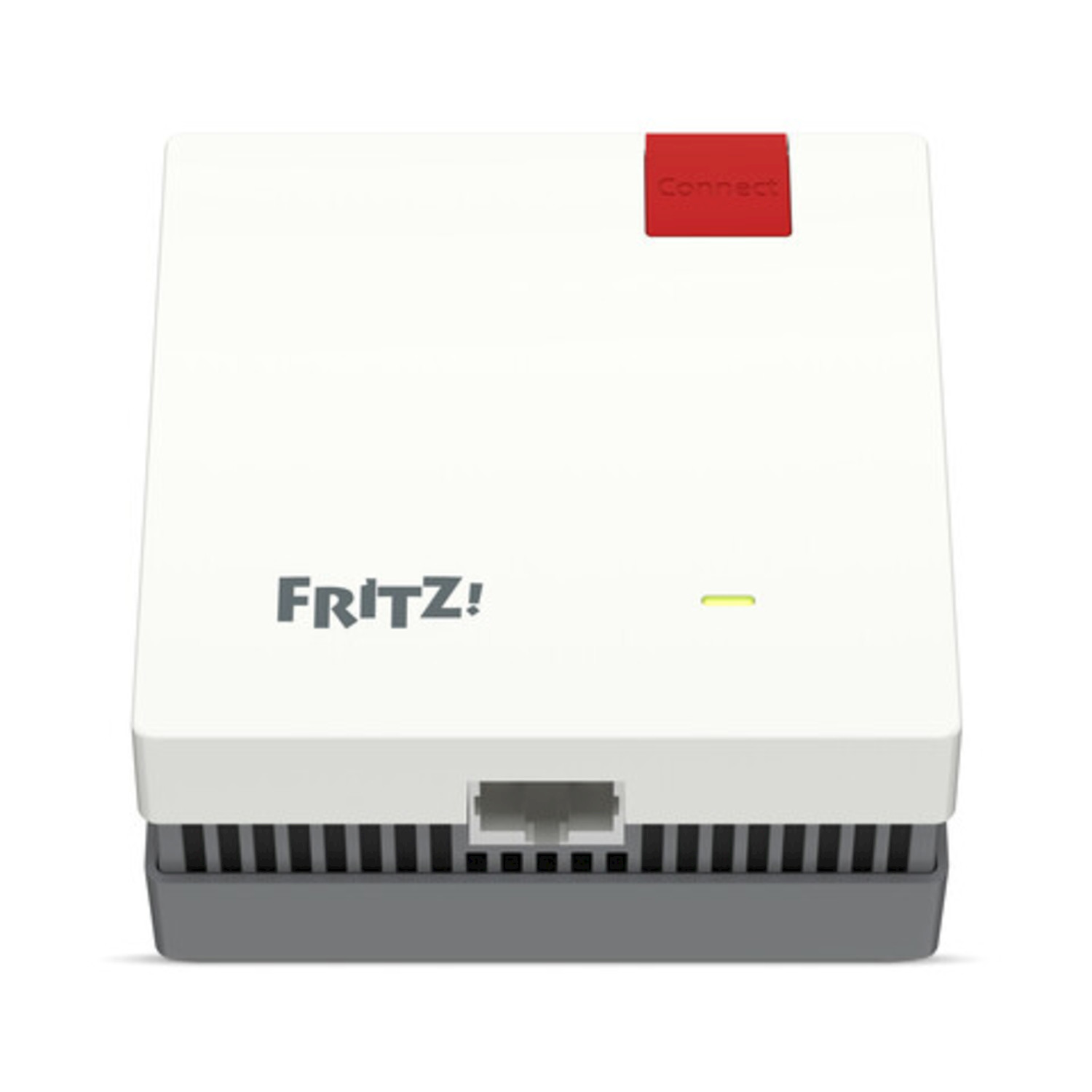 Un dispositivo Fritz! bianco e grigio con un pulsante rosso 'Connect'. Ha una luce verde e una porta Ethernet. Il marchio è visibile.