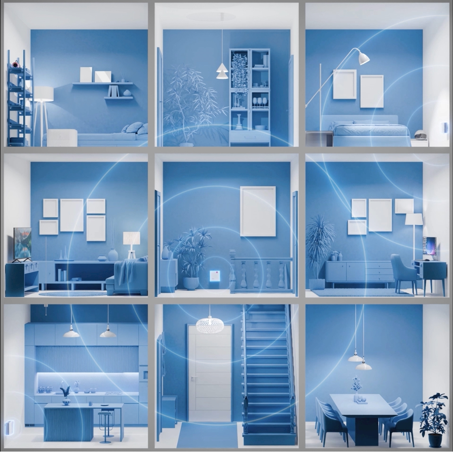 Un modello di casa blu con nove stanze, che mostra spazi abitativi con arredi, illuminazione e linee di energia blu astratte.