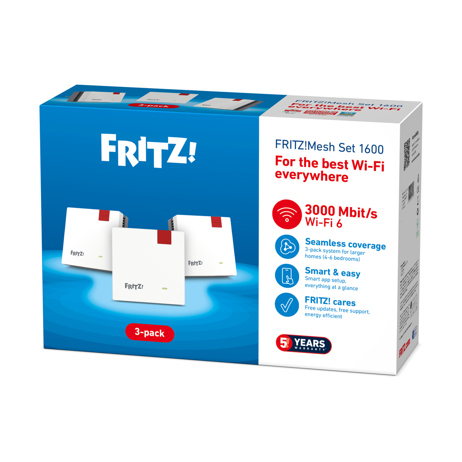 Una scatola con marchio FRITZ! mostra un pacco da 3 ripetitori Wi-Fi bianchi. Il testo evidenzia funzionalità come Wi-Fi 6 e velocità di 3000 Mbit/s.