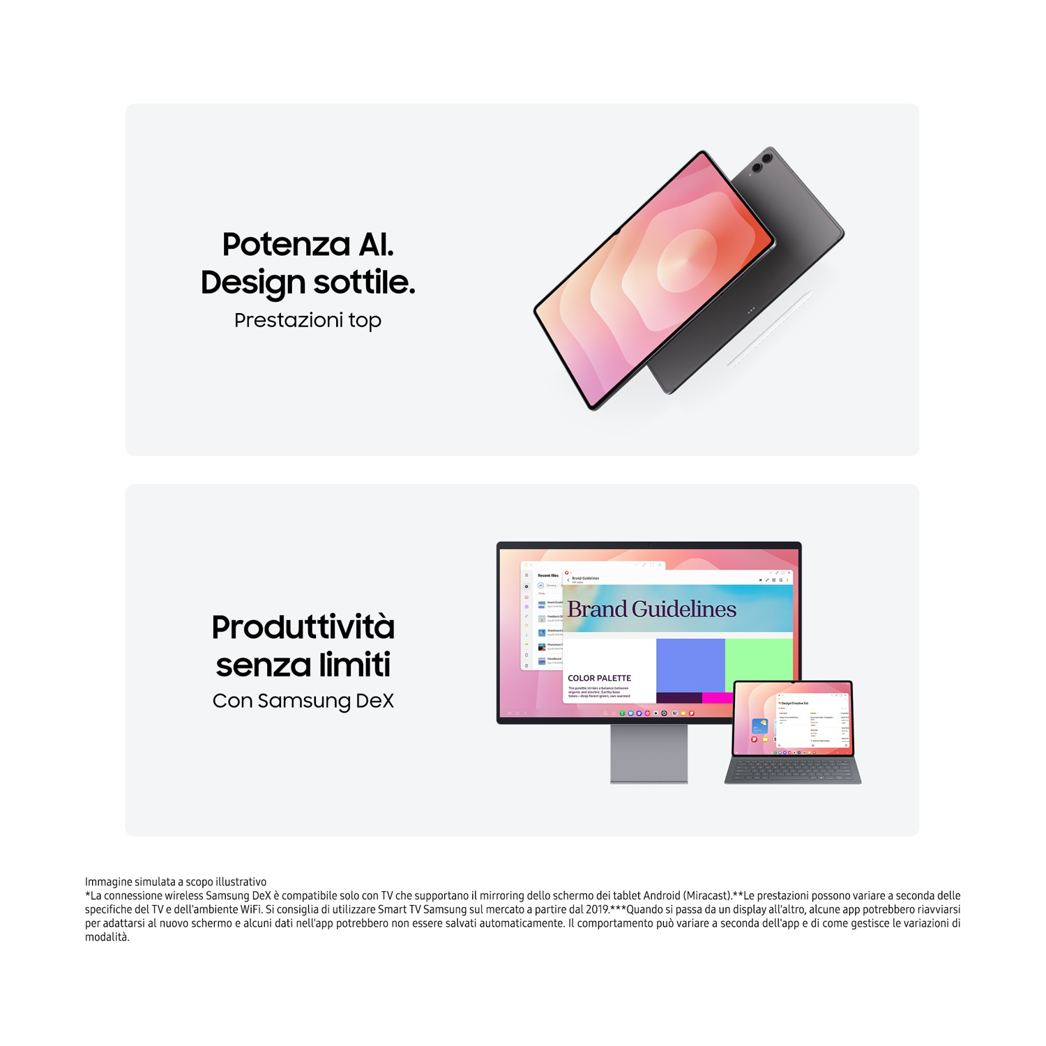L'immagine mostra un tablet e un laptop con un monitor che mostra una guida del marchio, che promuove la produttività e il design.