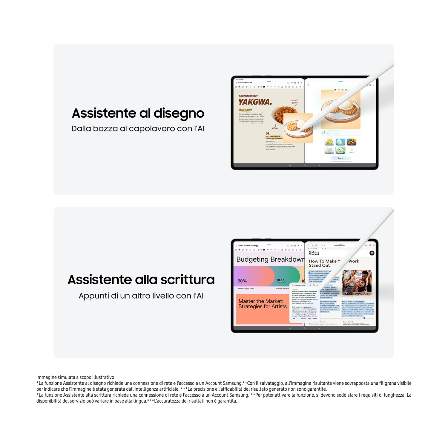Due tablet mostrano contenuti. Uno mostra una ricetta di dessert, l'altro una guida di strategia di mercato. Entrambi hanno stilo.