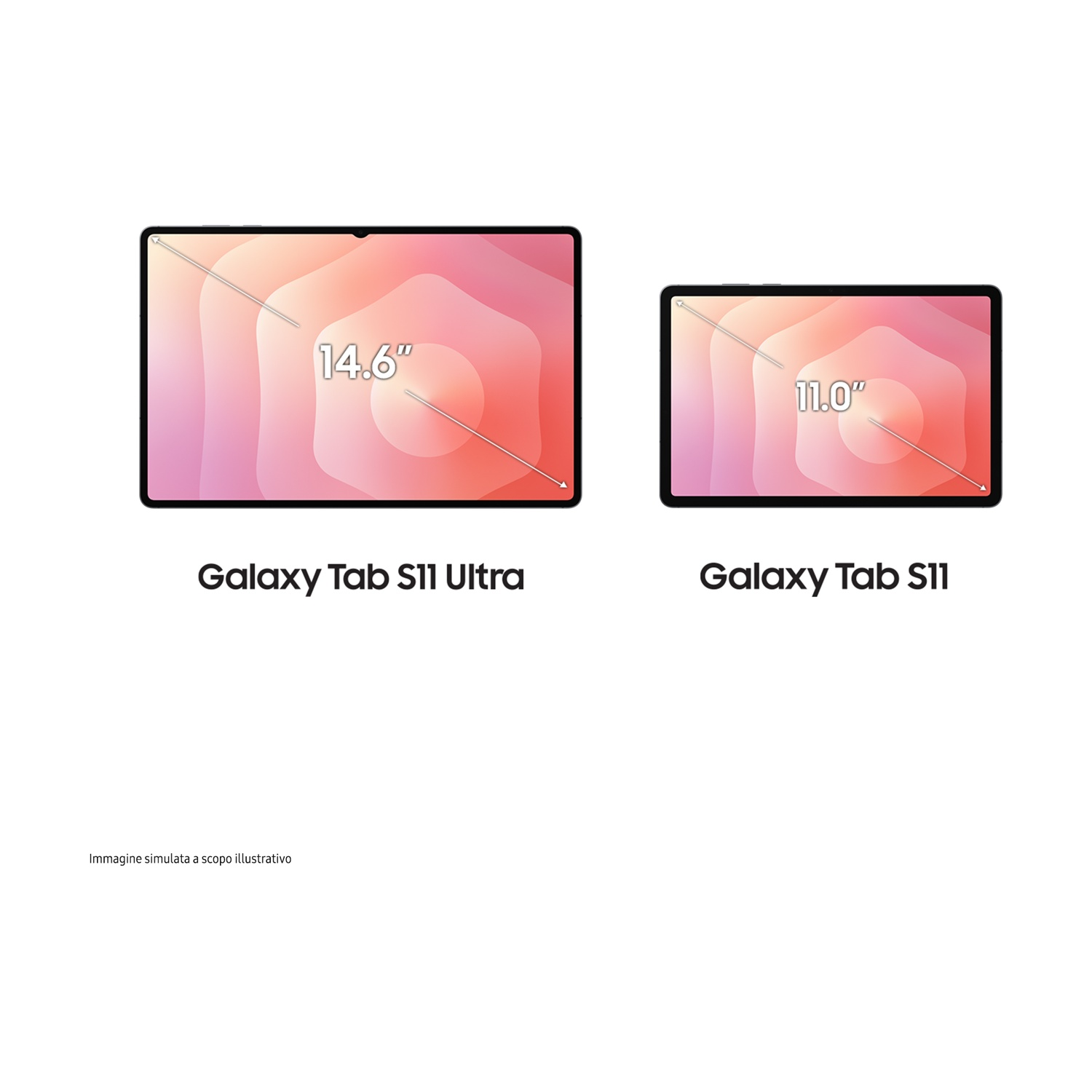 Due tablet su sfondo bianco. Il più grande dice '14.6" Galaxy Tab S11 Ultra', il più piccolo dice '11.0" Galaxy Tab S11'.