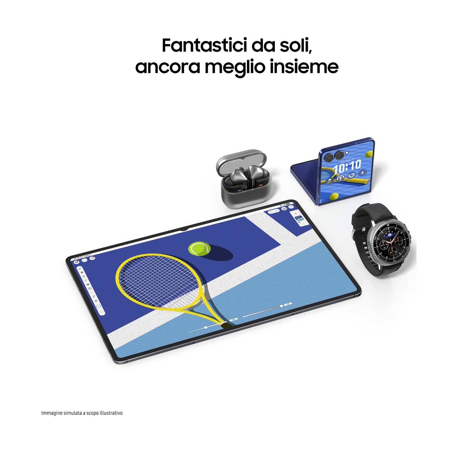 Vari dispositivi elettronici: tablet, telefono, smartwatch e auricolari su sfondo bianco, con design campo da tennis sul tablet.