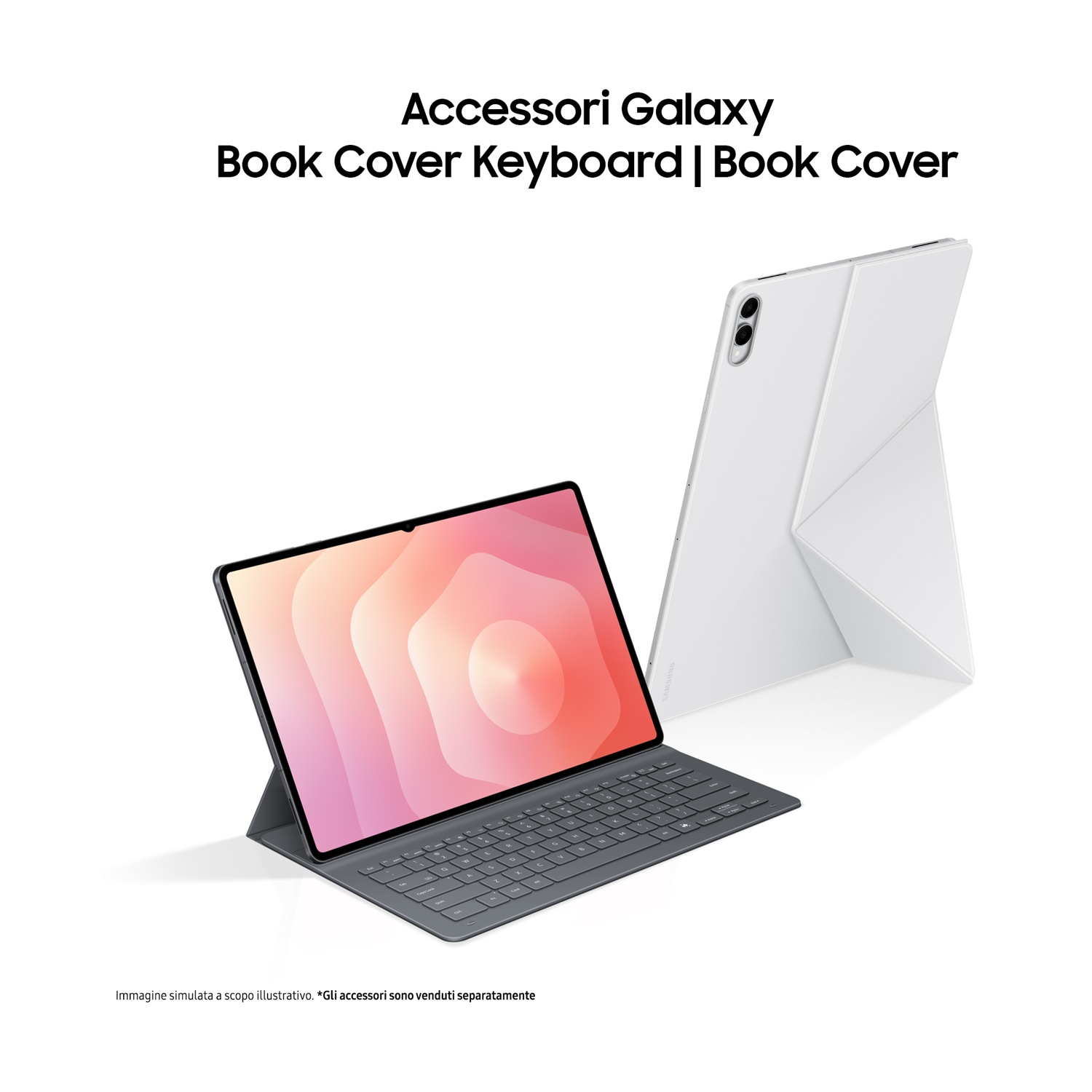 Un tablet bianco con custodia con tastiera viene mostrato. Lo schermo mostra un design astratto. Un'altra custodia è dietro. Il testo recita Galaxy Book Cover.