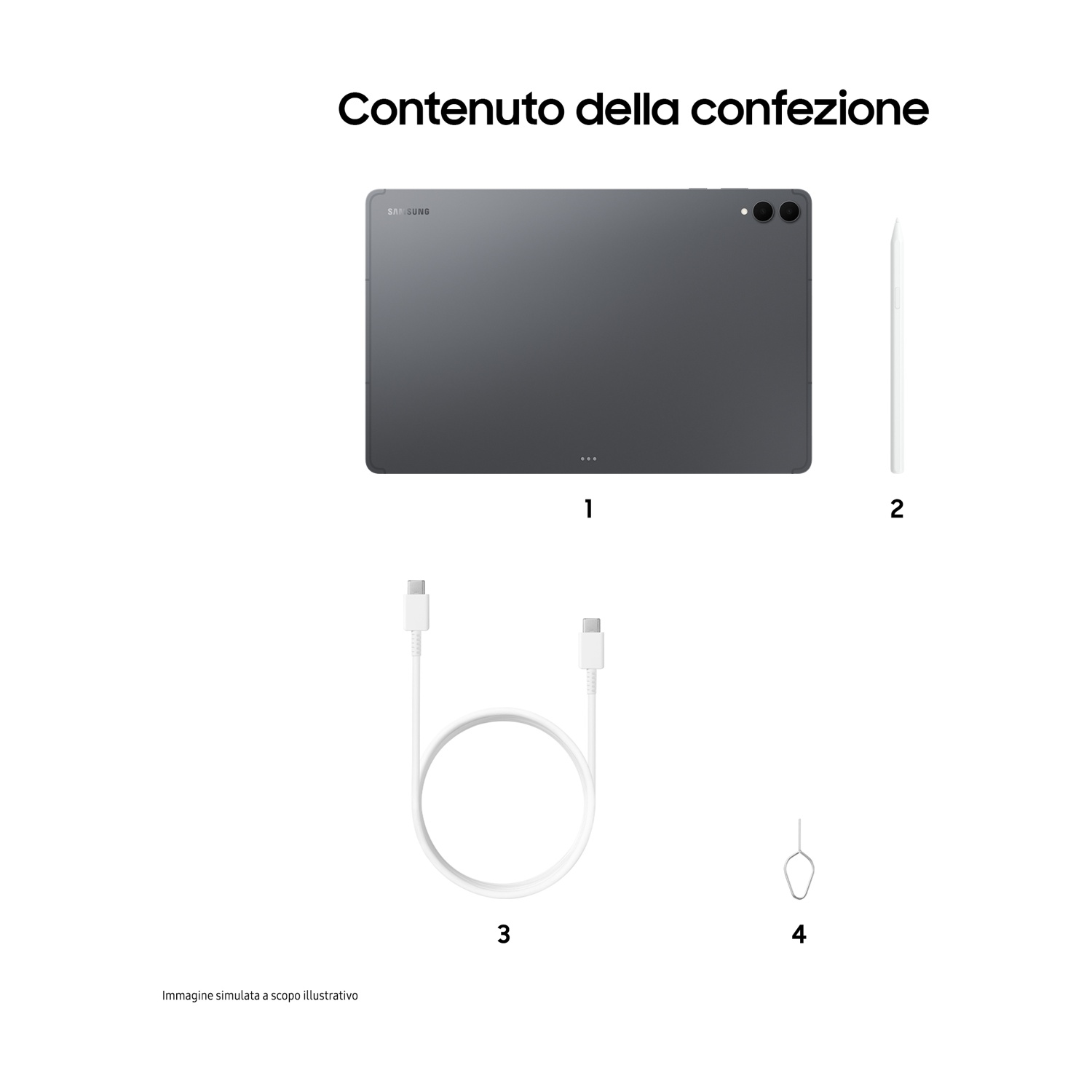 L'immagine mostra il contenuto di una confezione. Include un tablet, una penna, un cavo di ricarica bianco e uno strumento di espulsione SIM.