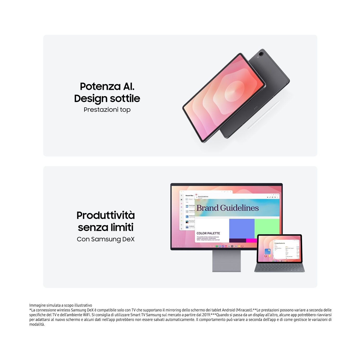 Un tablet e un monitor sono visualizzati, entrambi mostrano il documento 'Brand Guidelines'. Il tablet è davanti. Il testo recita 'Produttività senza limiti'.