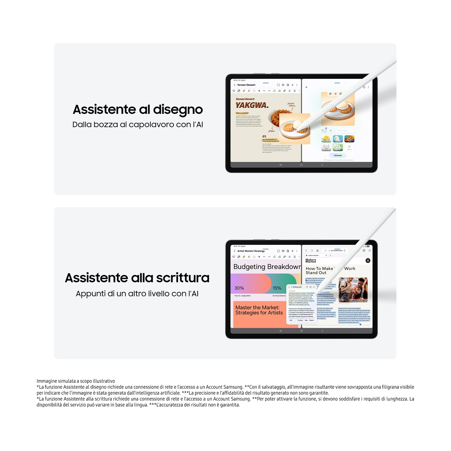 Due tablet con stilo. Uno mostra una ricetta di dessert, l'altro una ripartizione del budget. Testo: 'Assistente al disegno' e 'Assistente alla scrittura'.
