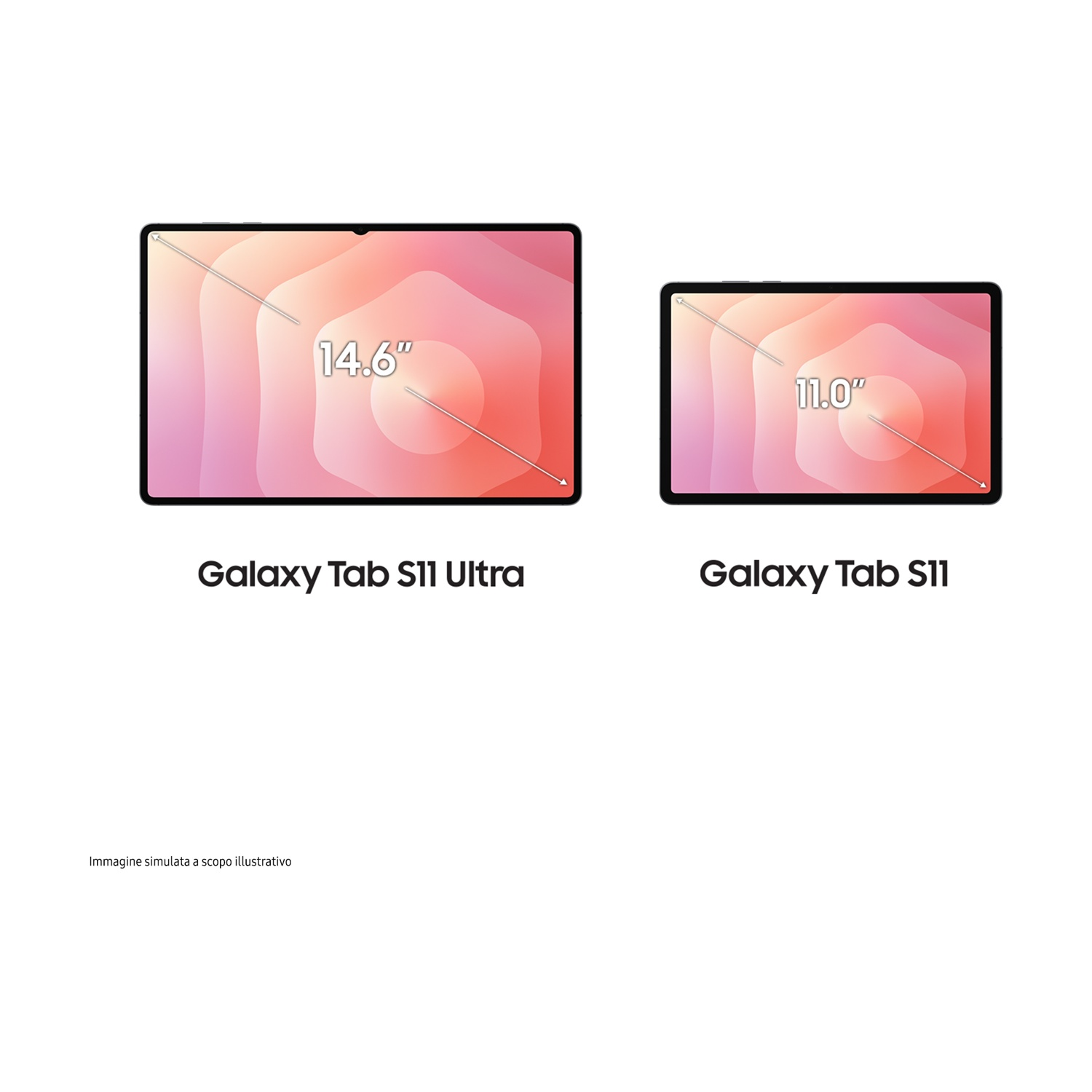 Due tablet, Galaxy Tab S11 Ultra (14.6") e Galaxy Tab S11 (11.0"), su sfondo bianco. L'immagine è illustrativa.