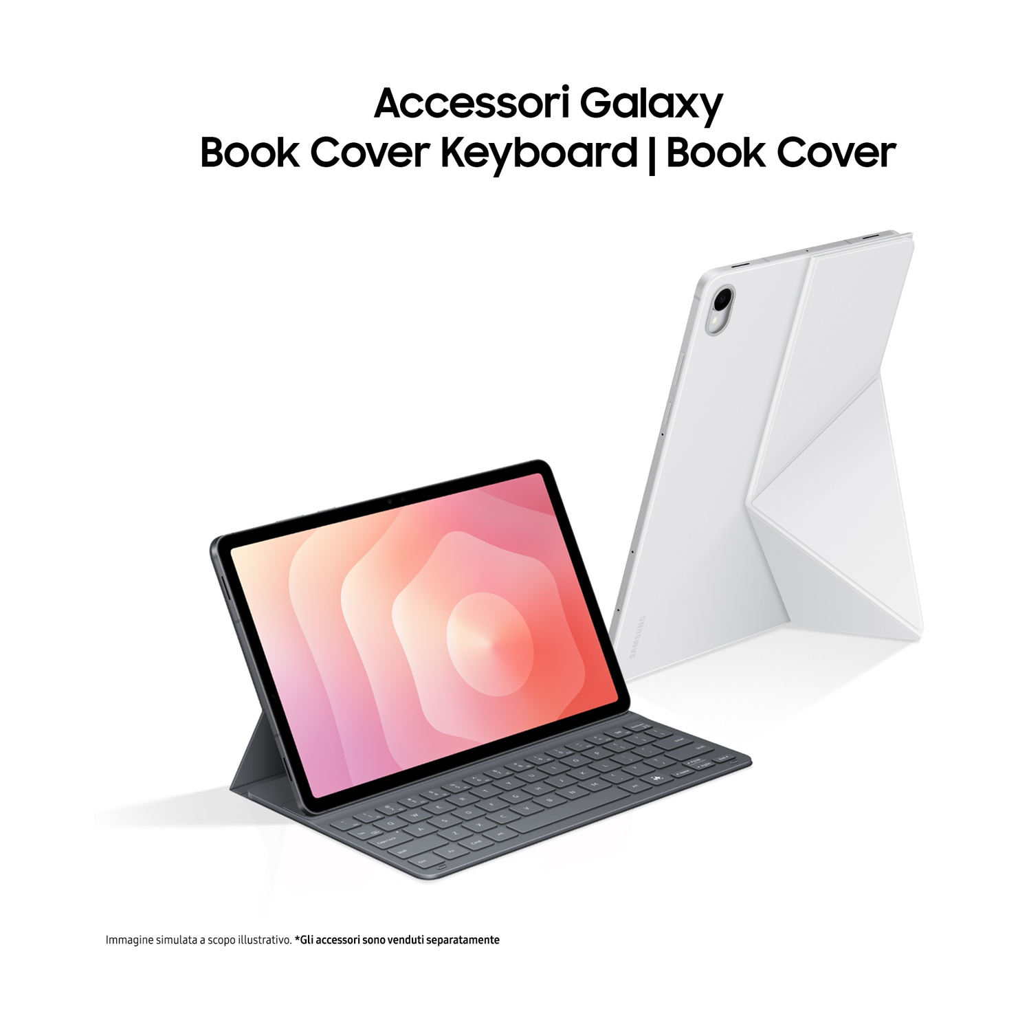Due tablet con custodie per tastiera. Uno aperto, che mostra uno schermo rosa e arancione, l'altro chiuso in bianco. Testo: Accessori Galaxy Book Cover Keyboard.
