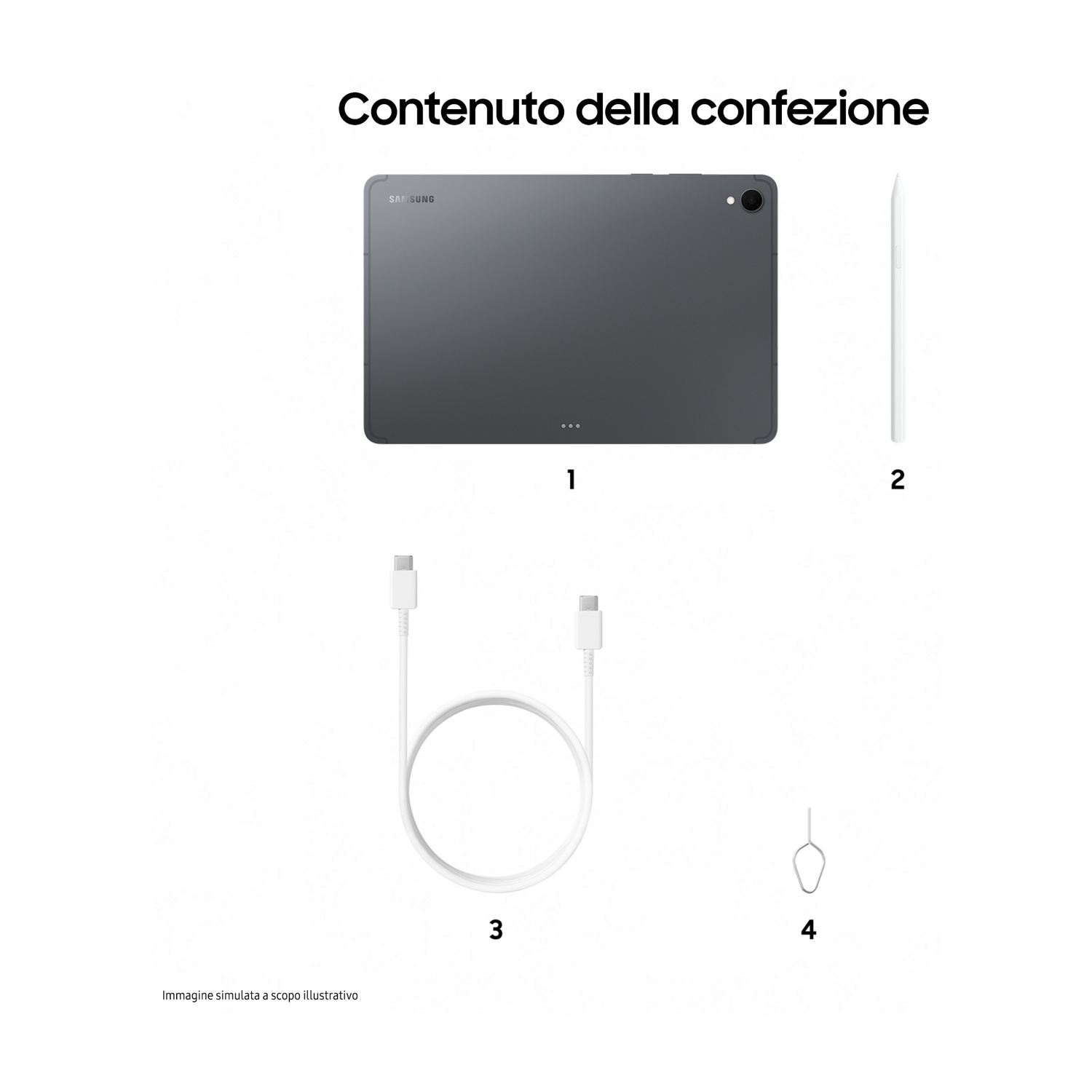 L'immagine mostra tablet, stilo, cavo USB-C ed espulsore SIM. Tutto è bianco o grigio, su sfondo bianco. Testo: Contenuto della confezione.