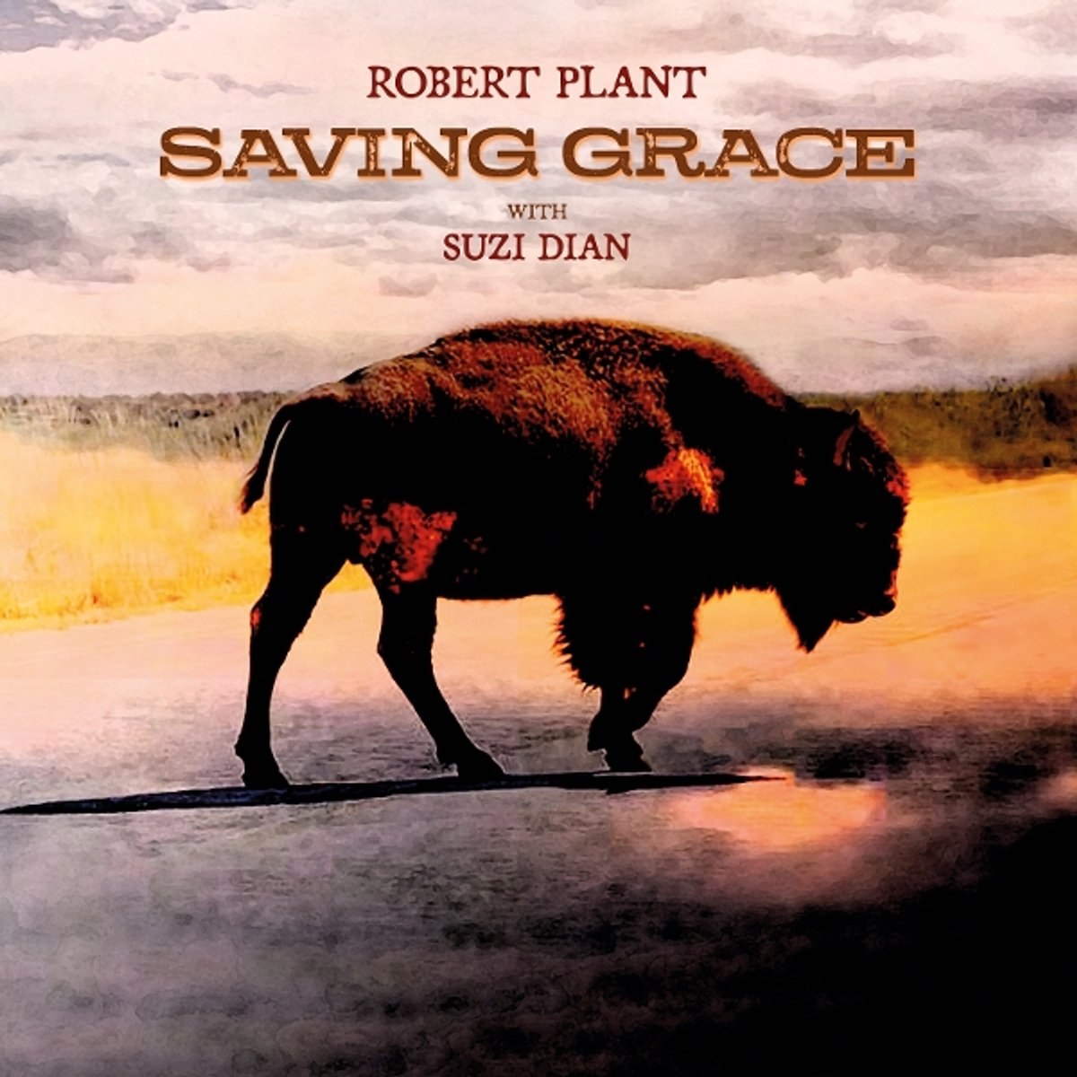 Un bison marche sur une route. Coucher de soleil en arrière-plan. Pochette de l'album de Robert Plant, Saving Grace avec Suzi Dian.