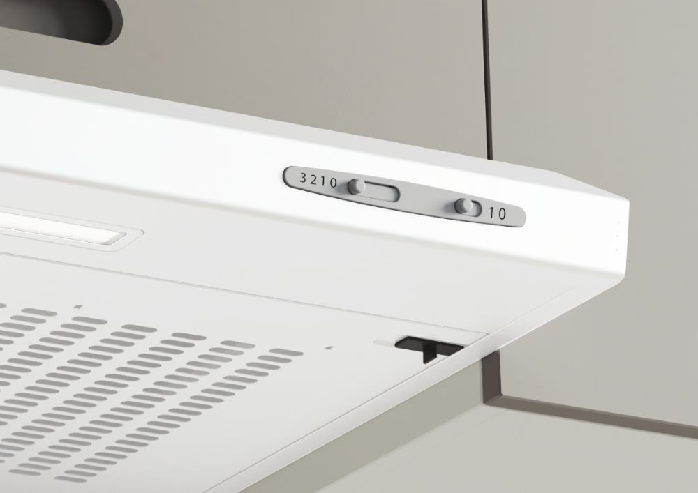 Fehér konyhai elszívó ventilátor vezérlőgombokkal. A 3210 és 10 számok láthatók. A háttér világosszürke.