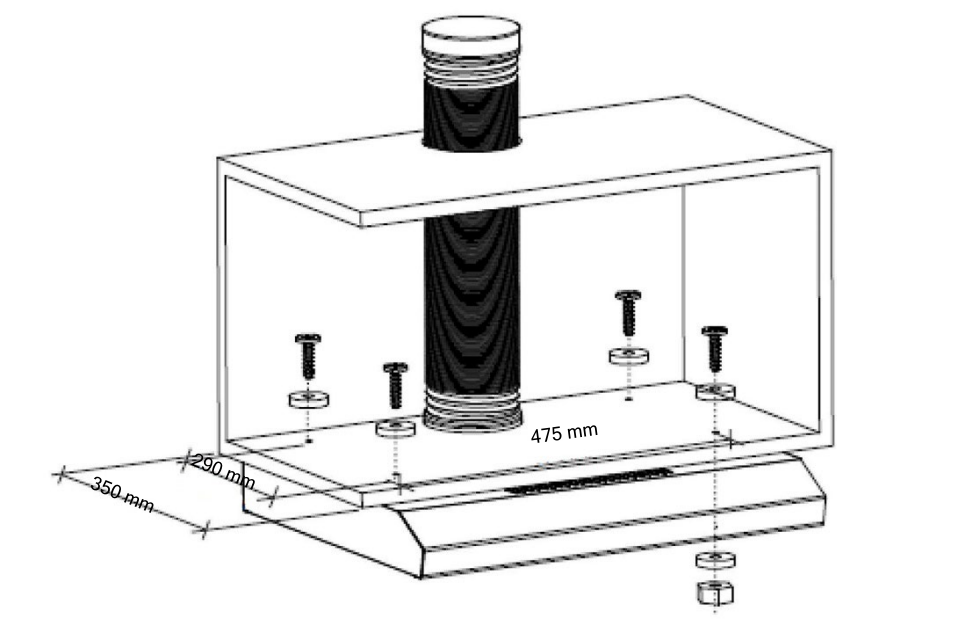 Páraelvezető rajza. Egy téglalap alakú dobozt mutat, egy hengeres csővel. 350 mm, 290 mm és 475 mm-es méretek vannak feltüntetve.