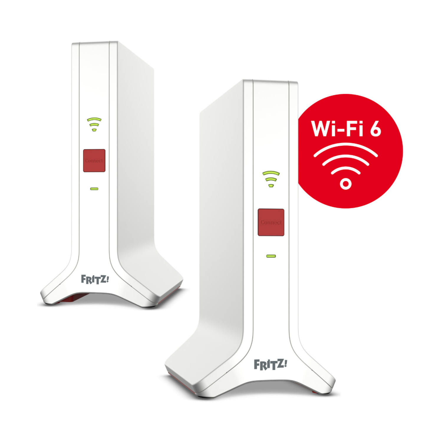Due router bianchi. Uno ha un logo Wi-Fi 6 rosso. L'altro ha un pulsante 'Connect' rosso. Entrambi hanno luci di stato verdi.