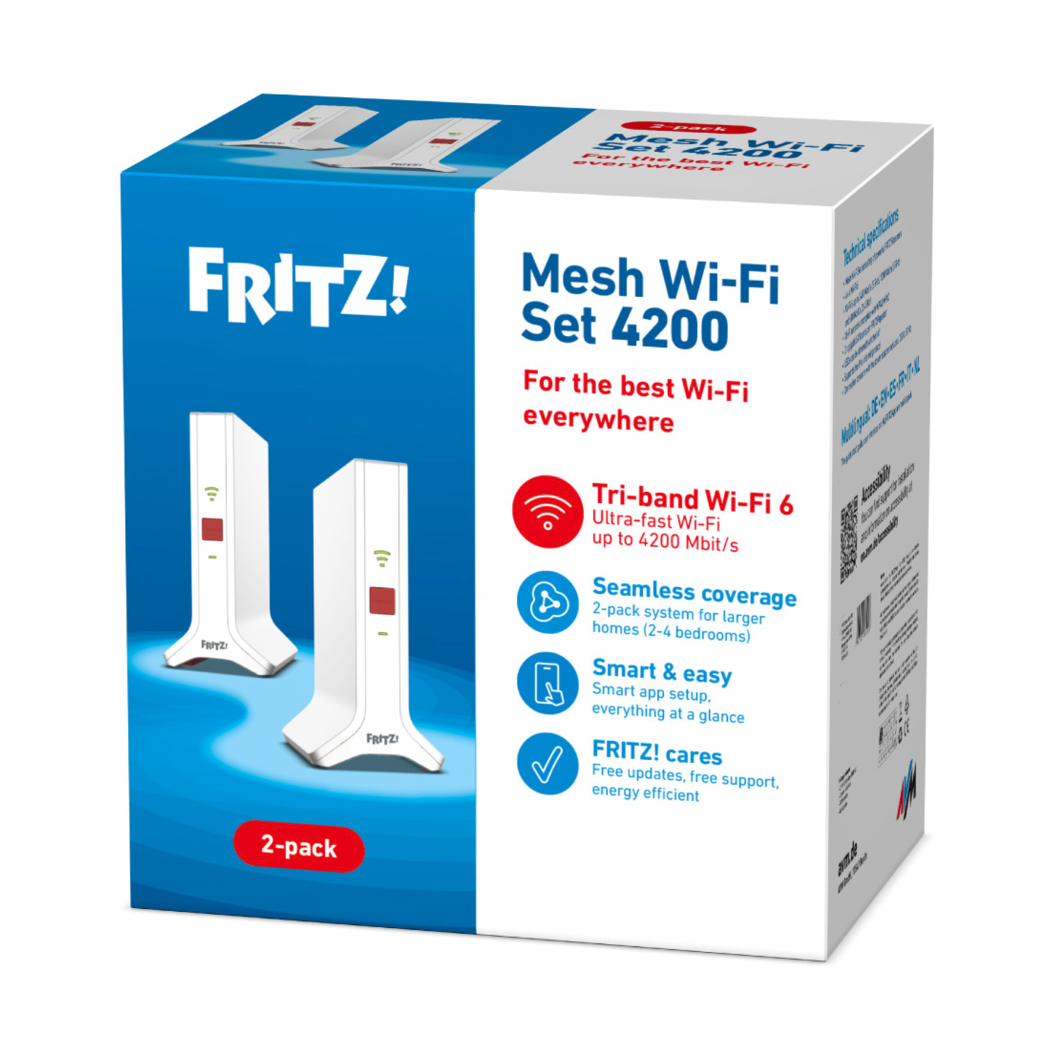Scatola di Fritz! Mesh Wi-Fi Set 4200, include due ripetitori Wi-Fi bianchi. Il testo evidenzia caratteristiche e vantaggi.
