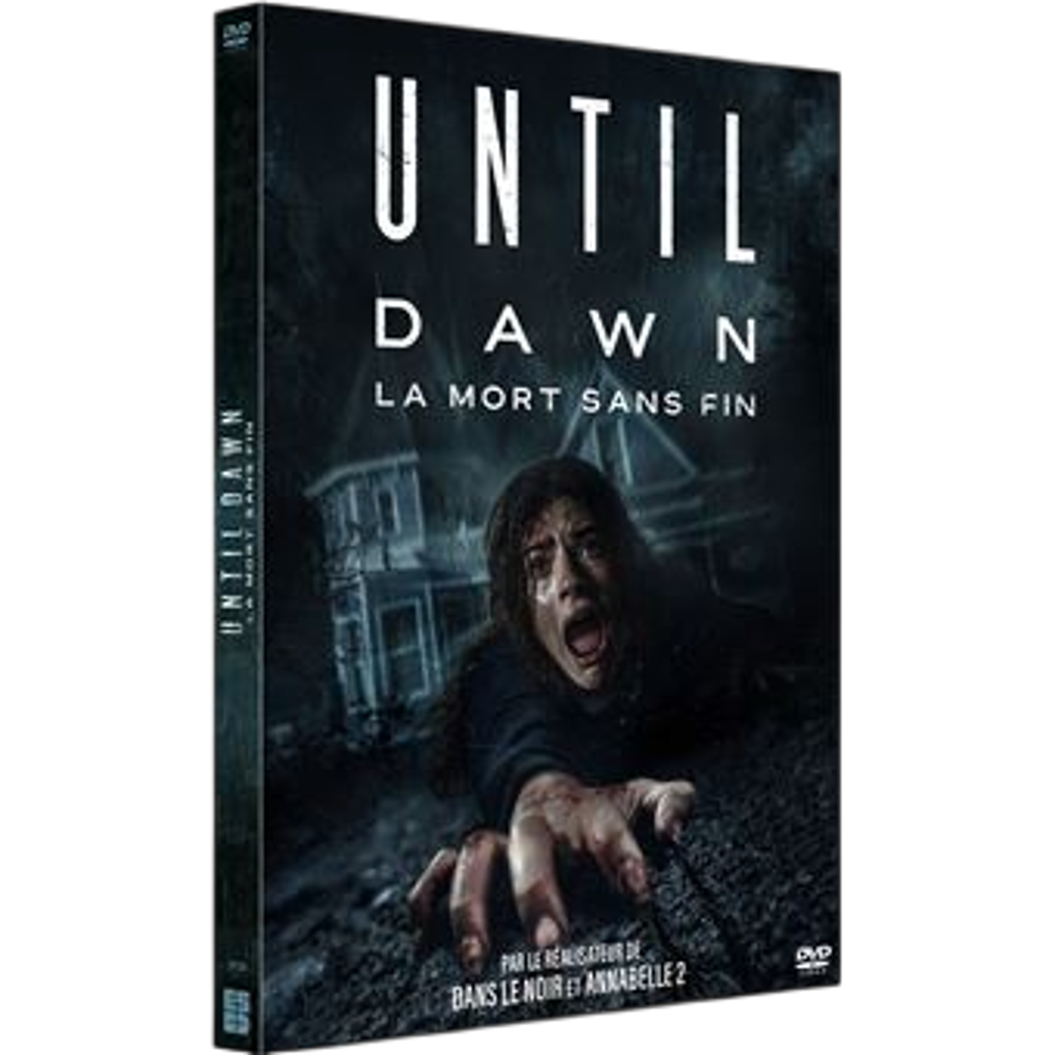 Couverture DVD de 'Until Dawn'. Une femme crie et tend la main. Le titre est au-dessus. Une maison est en arrière-plan.
