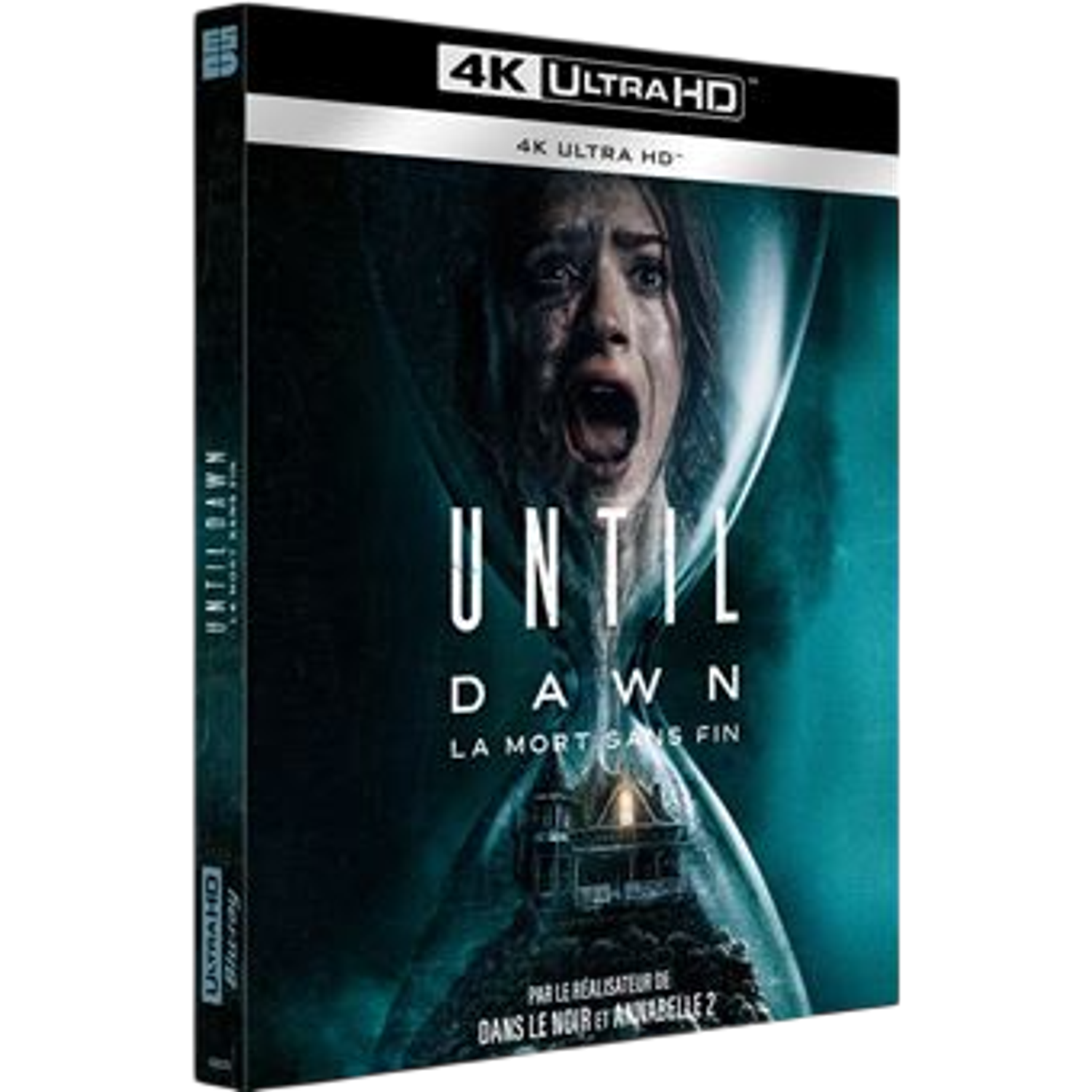Filmposter voor "Until Dawn" toont een geschrokken vrouw in een zandloper. Tekst: "4K ULTRA HD" en "LA MORT SANS FIN".
