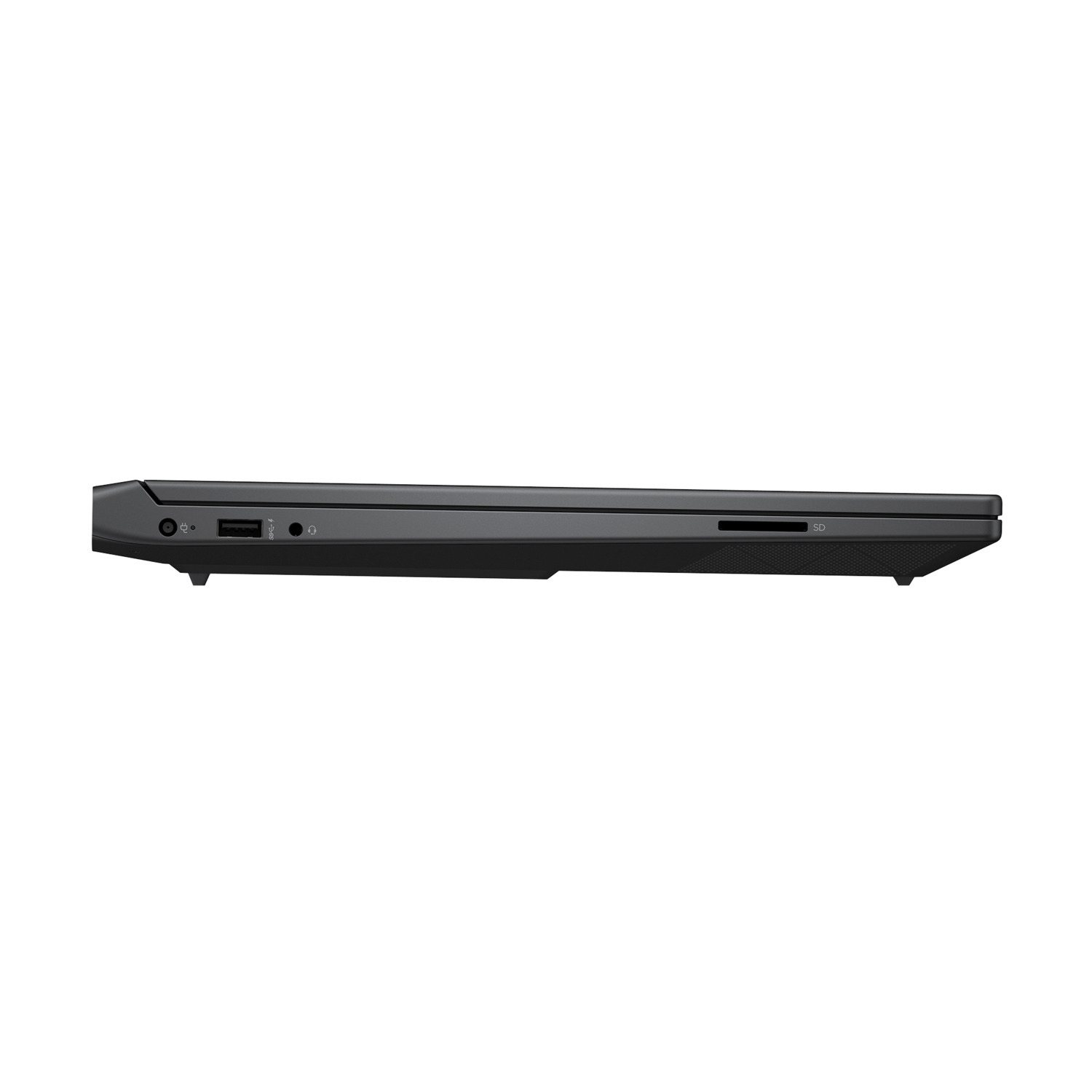 Side view of a black laptop with various ports: power, USB, headphone jack, and SD card slot. The laptop is on a white background.