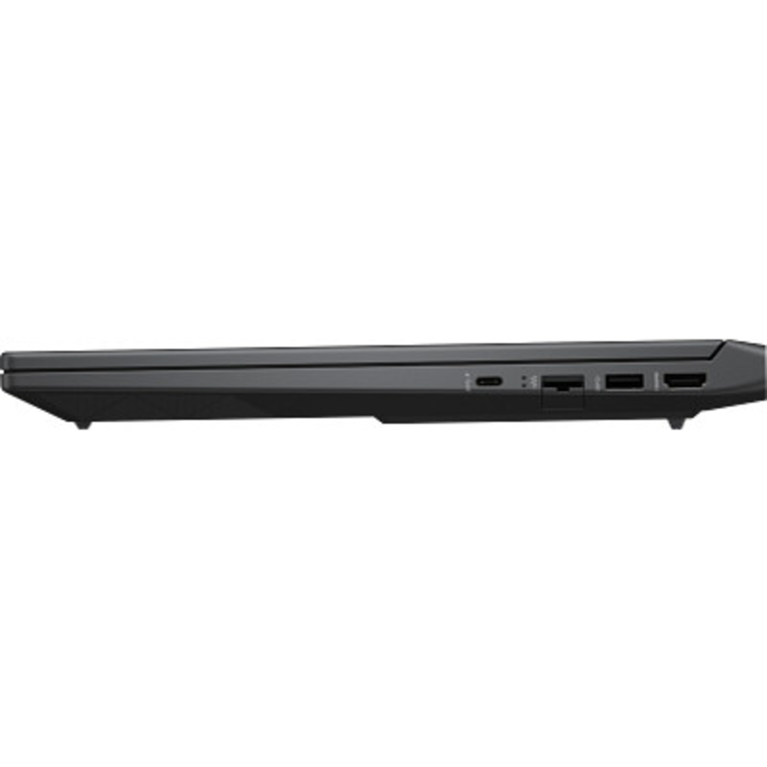 Side view of a black laptop, showing ports and vents. The laptop is closed, with a matte finish and a slightly angled design.