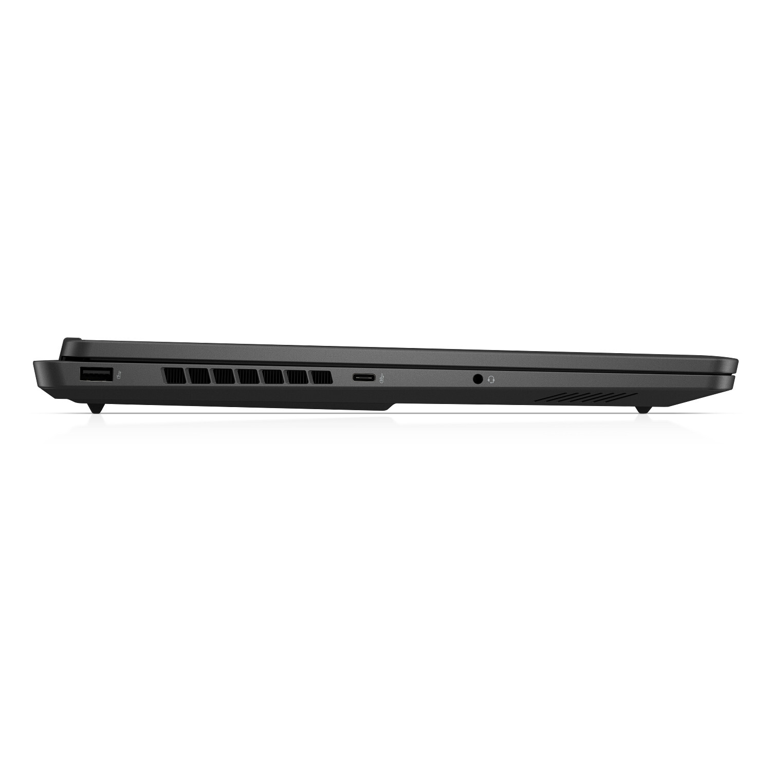 Side view of a closed black laptop. Visible are ports, vents, and a headphone jack, set against a white background.