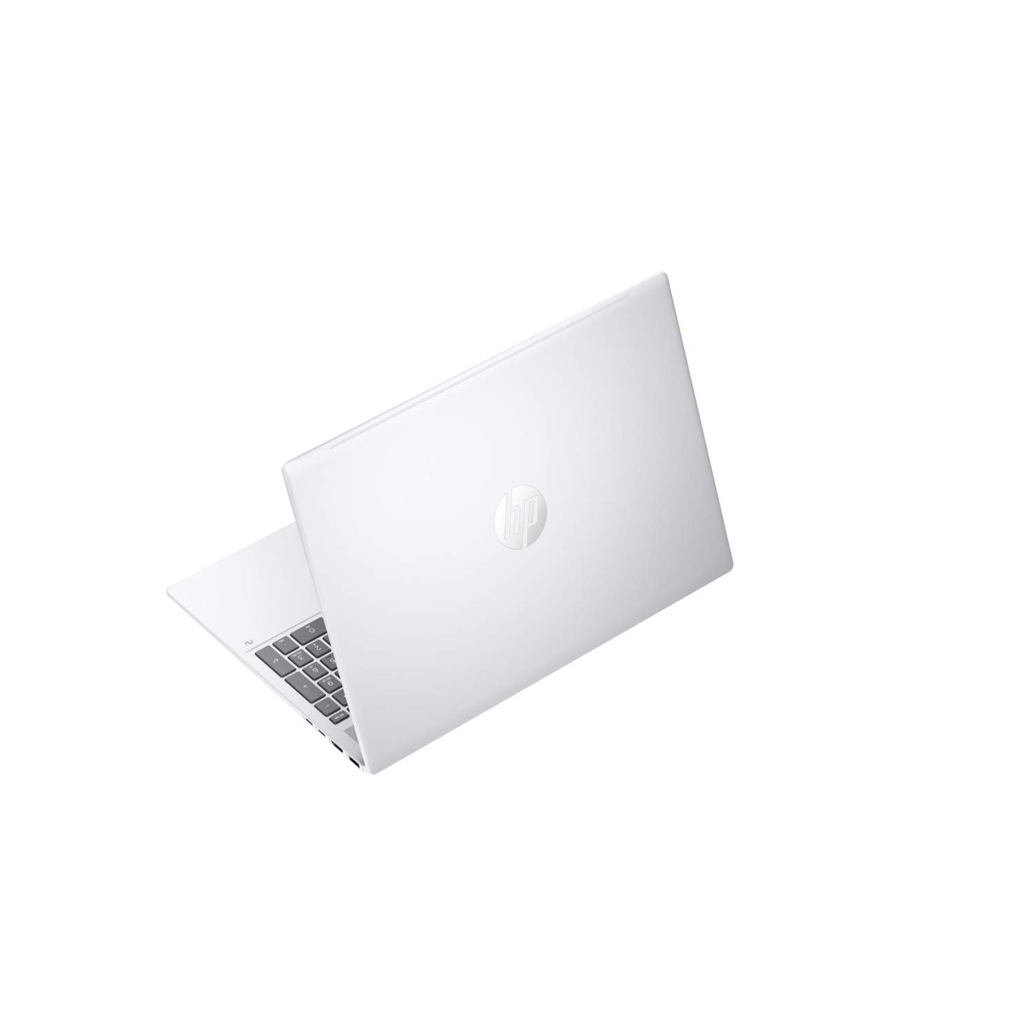 A white HP laptop is angled slightly open. The keyboard is visible. The HP logo is on the lid, and the background is white.