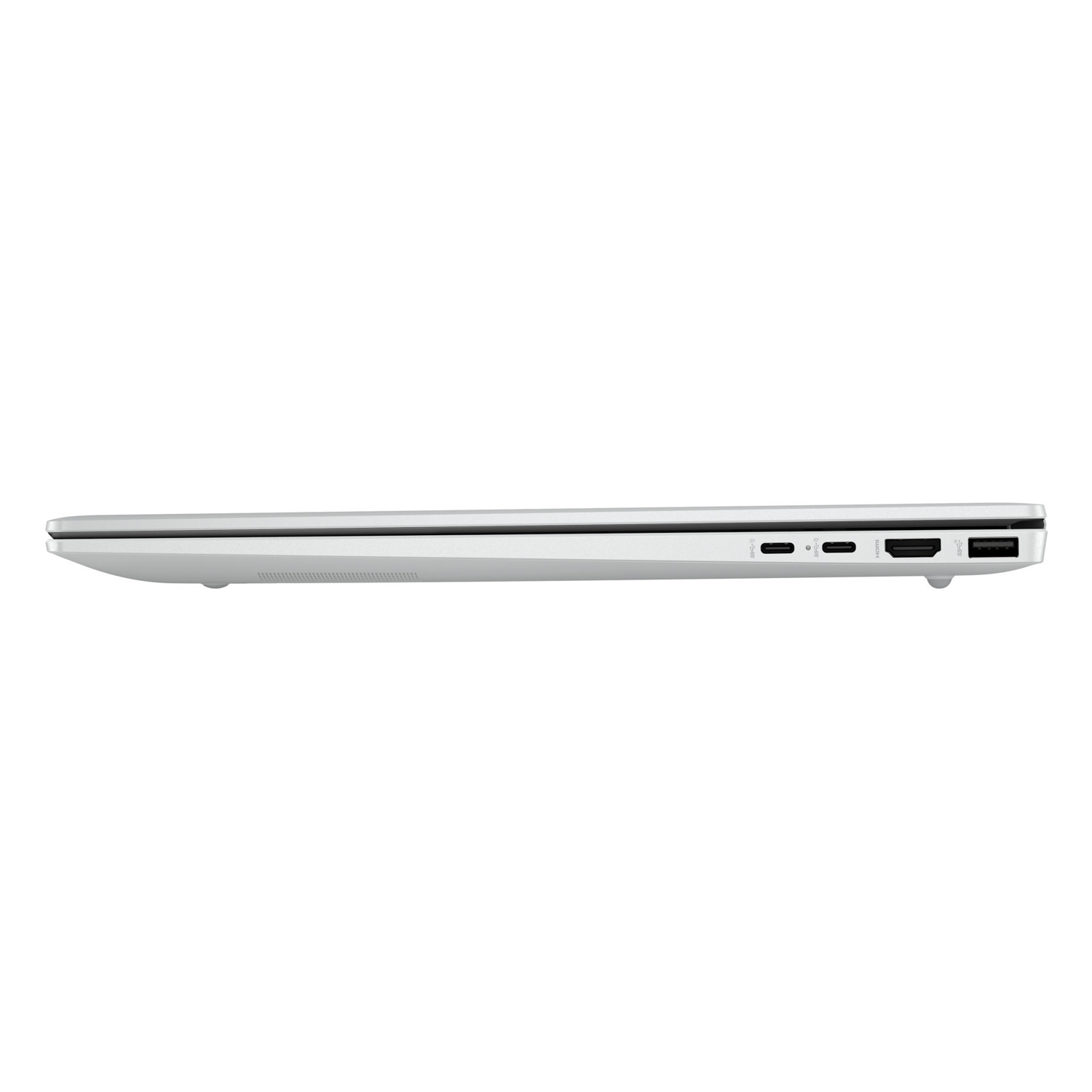 Side view of a silver laptop. Visible ports include USB-C, HDMI, and USB-A. The laptop is on a white background.