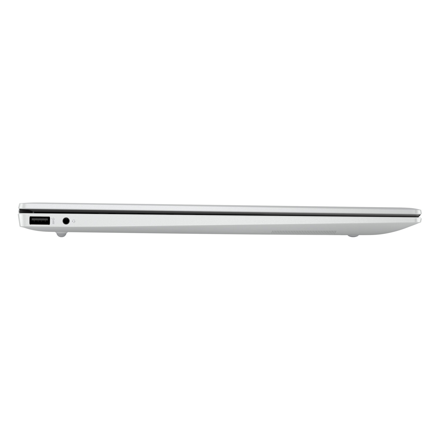 Side view of a silver laptop. Visible ports include USB, audio jack. The laptop is on a white background.