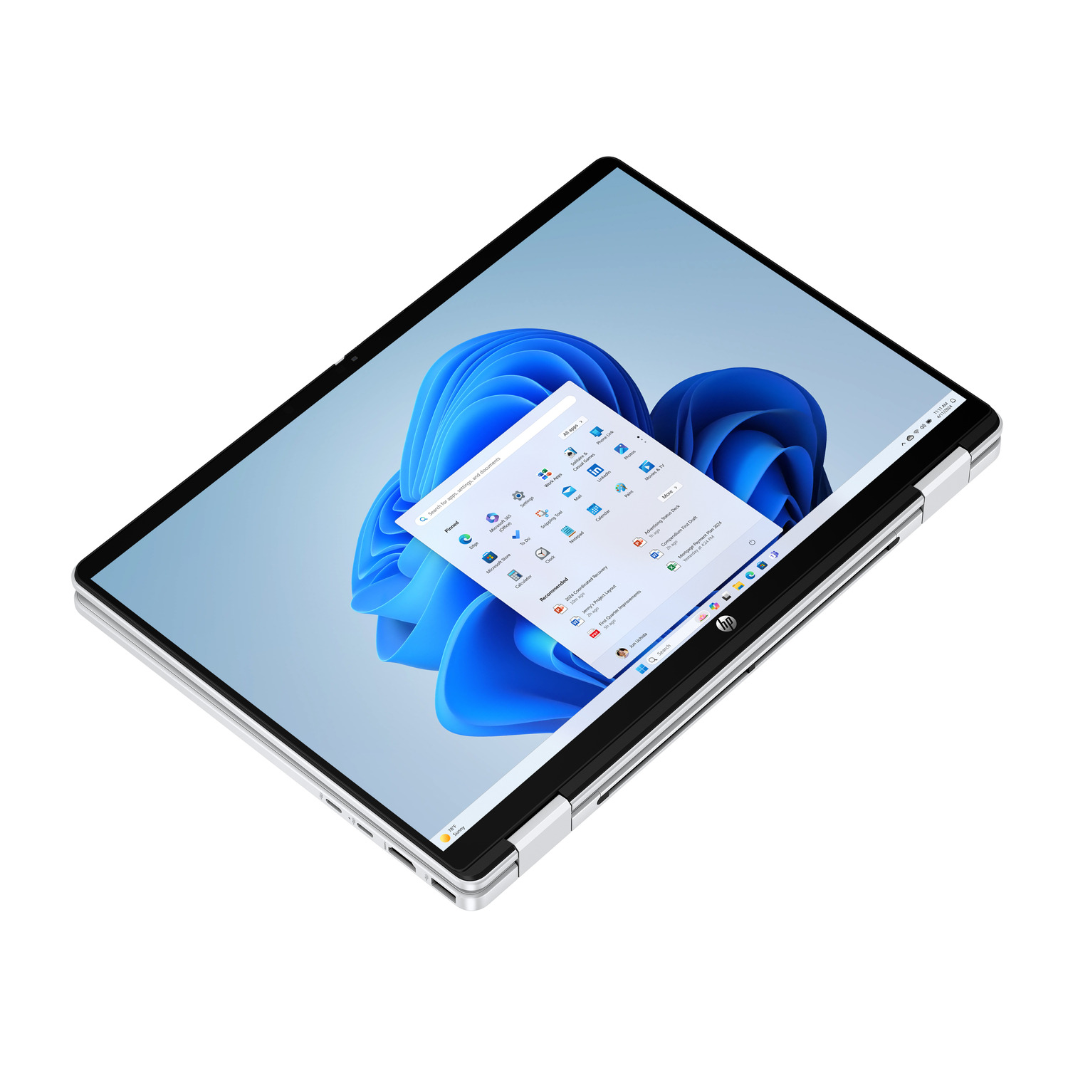 An open HP laptop displaying a Windows 11 interface, with a blue swirl wallpaper. The laptop is silver and black.
