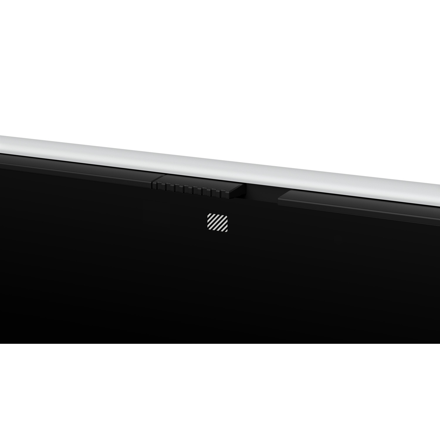 Close-up of a black tablet edge. It has a silver top edge, a black bezel, and a pattern of white diagonal lines.