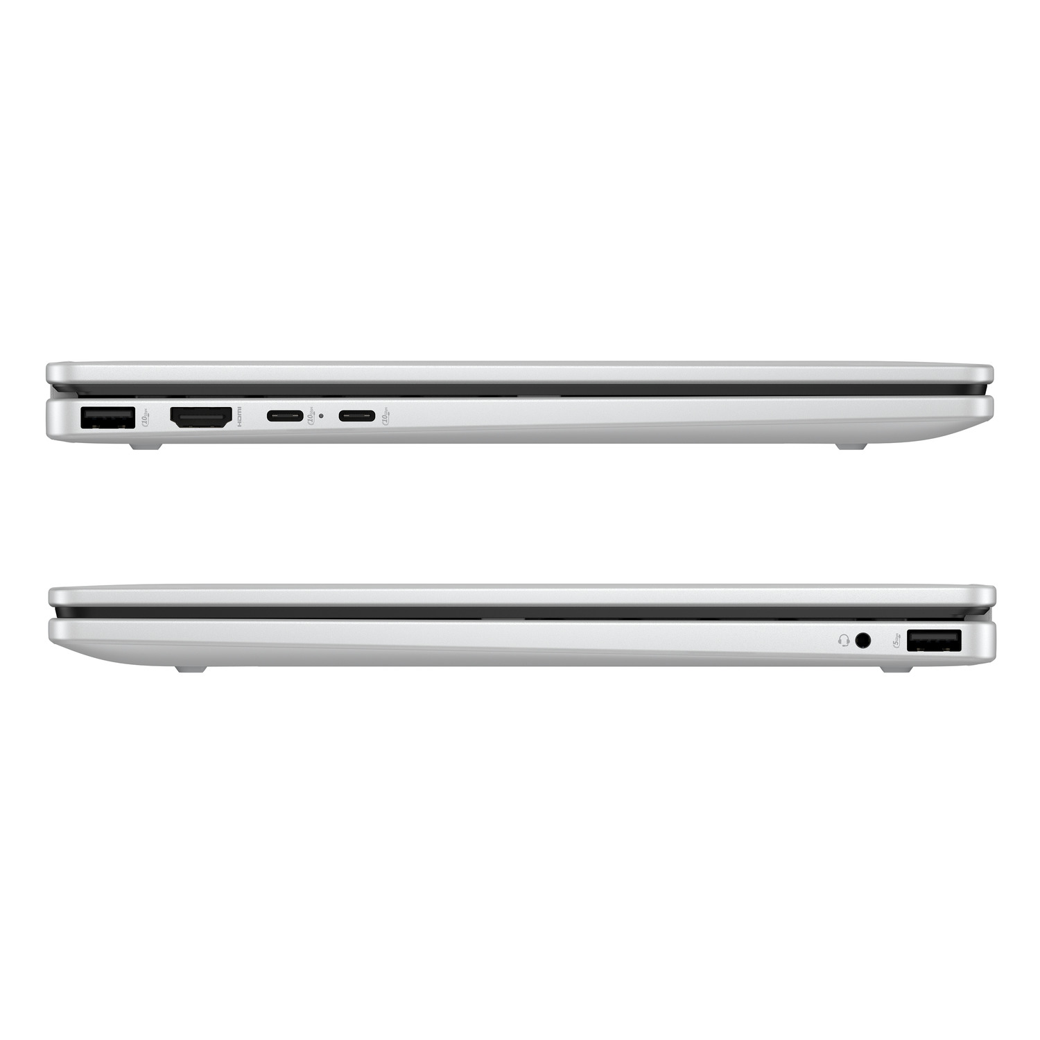 Two silver laptops are shown side-by-side. The top laptop has ports on the left, the bottom on the right. Both are closed.