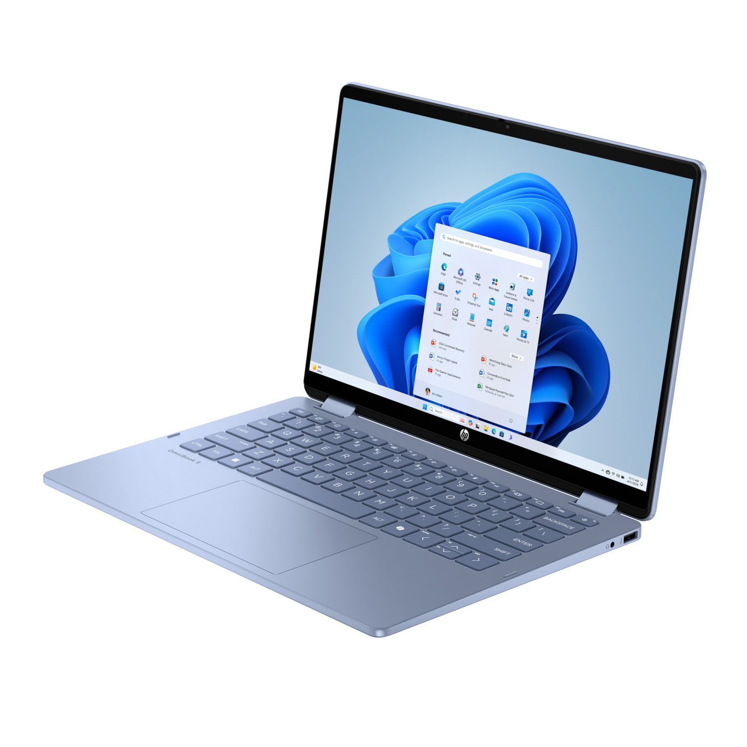 A light blue HP laptop is open, displaying the Windows 11 interface. The screen shows apps and a blue abstract background.