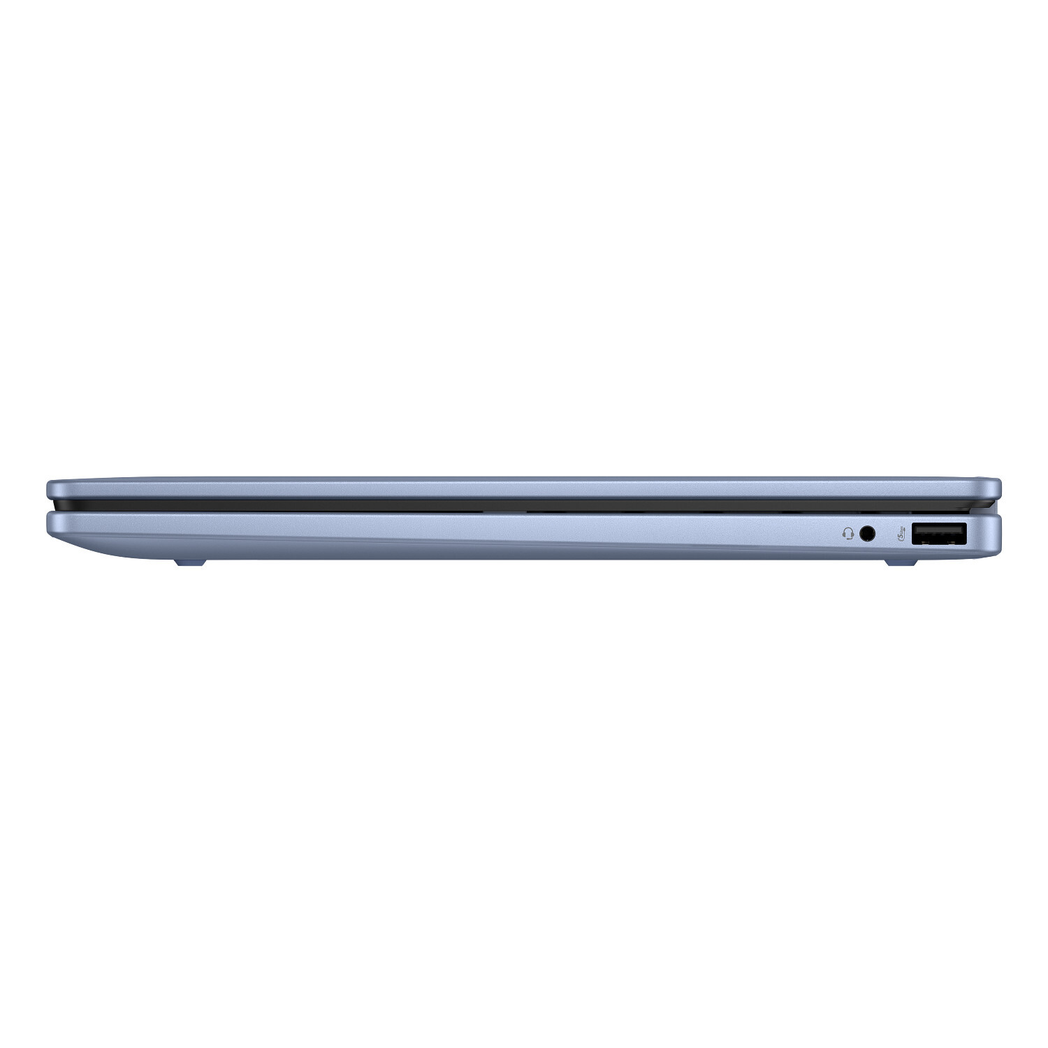 A closed, blue laptop viewed from the side, showing ports for headphones, USB, and a charging port.