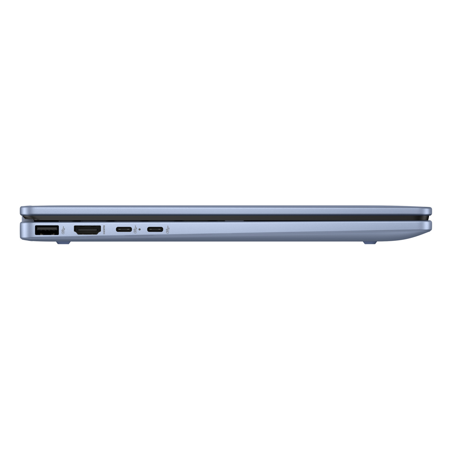 Side view of a blue laptop. Visible ports include USB, HDMI, and USB-C. The laptop is closed and set against a white background.