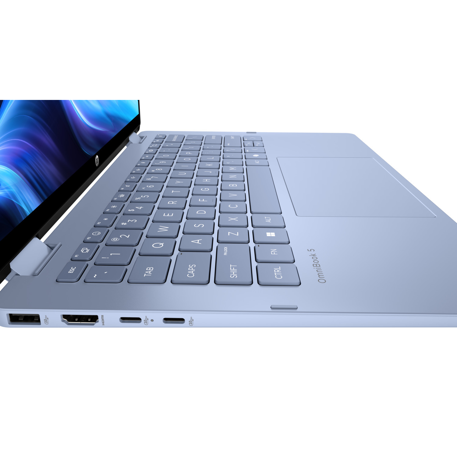 A light blue HP OmniBook 5 laptop is open. The keyboard and touchpad are visible. Ports are on the side.