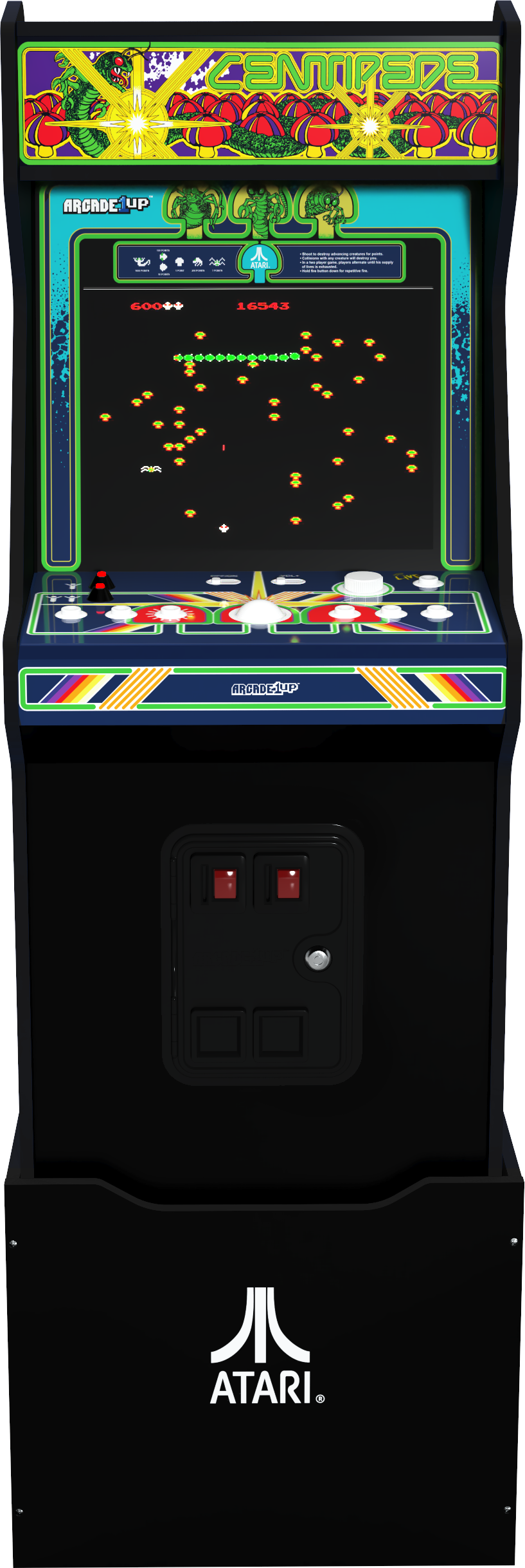 Arcade1Up Centipede gép. A képernyőn a játék látható, egy százlábúval és más elemekkel. Atari logó elöl.