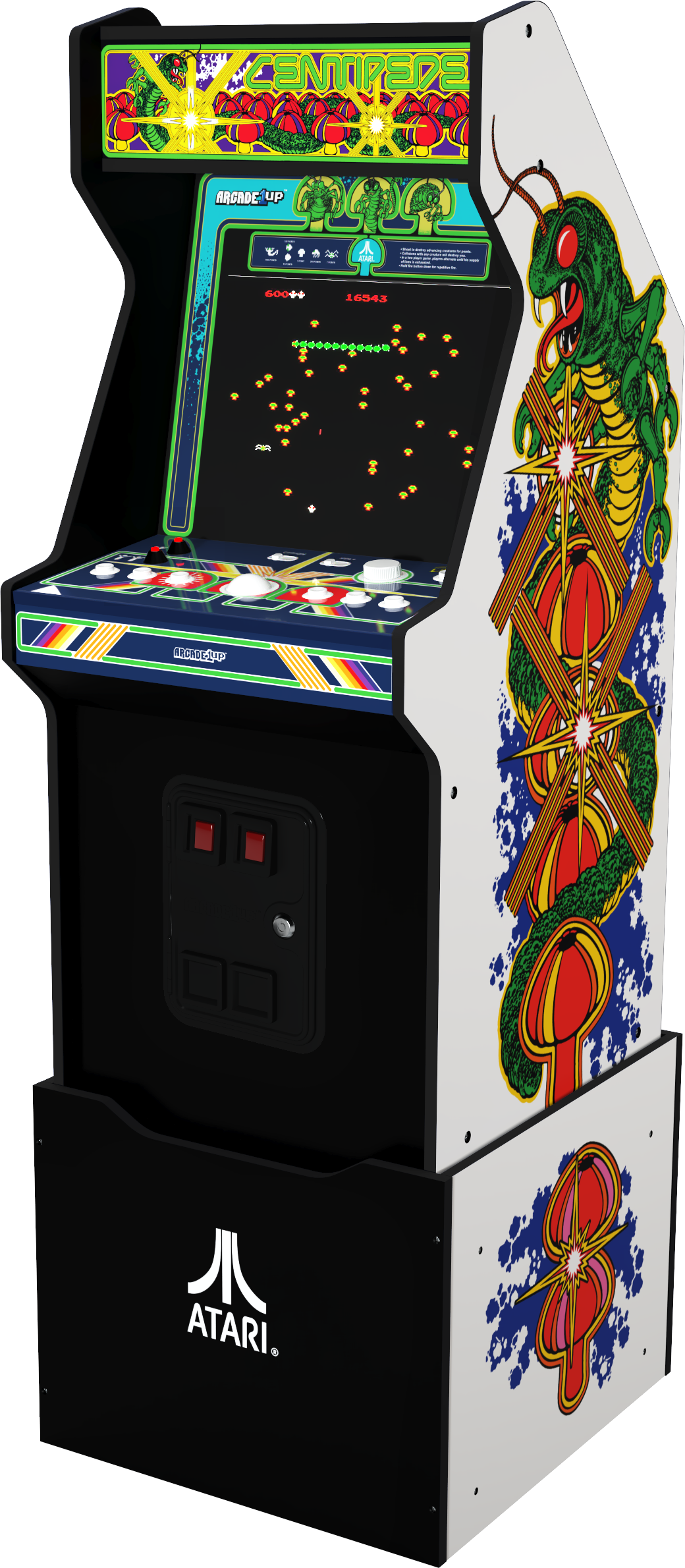 Centipede arcade gép. Zöld százlábú grafika. Fekete szekrény vezérlőpanellel és játékképernyővel. Atari logó.