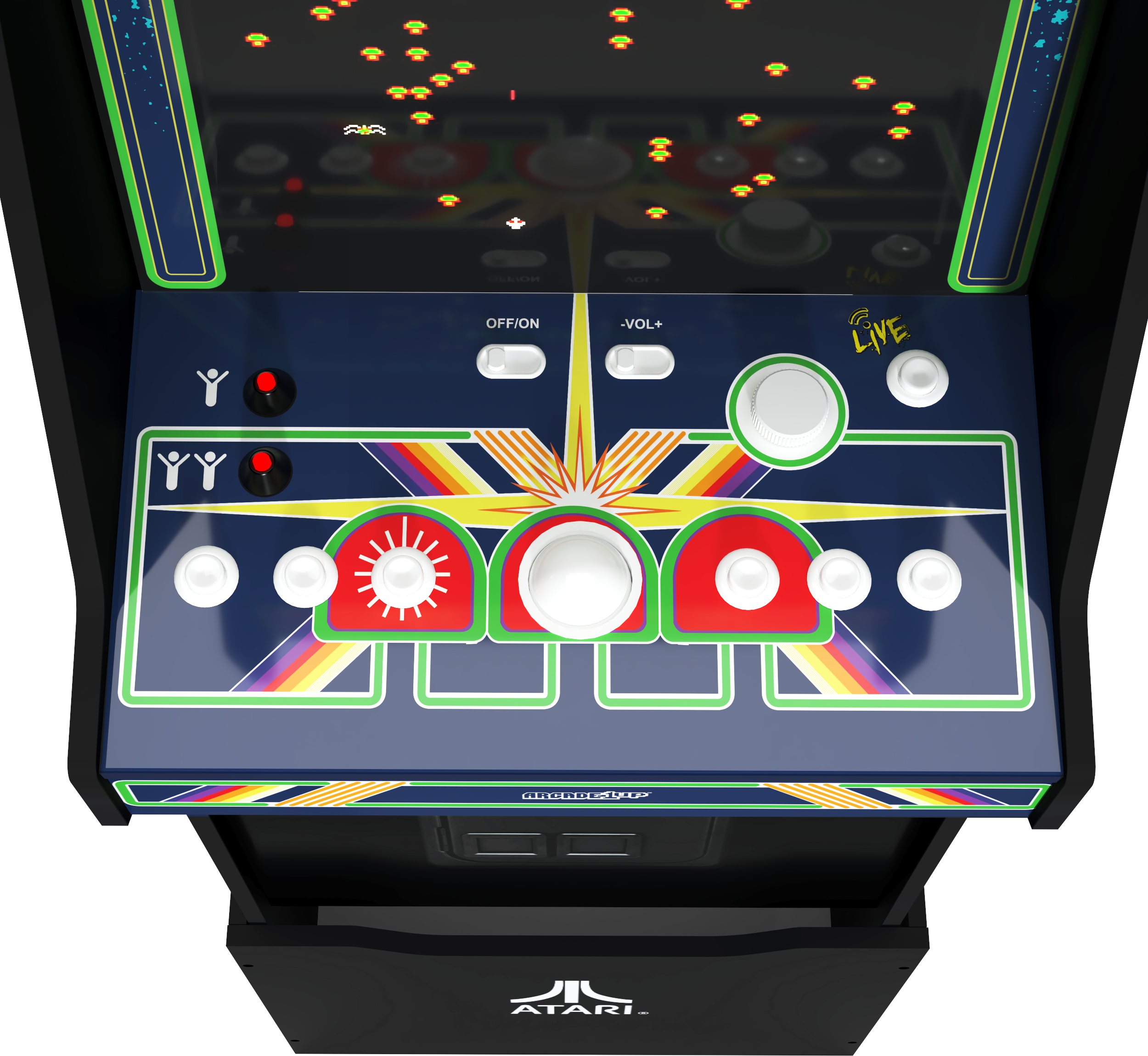 Arcade gép vezérlőpanel gombokkal, joystickkal és játékkijelzővel. Atari logó és Space Invaders játék.