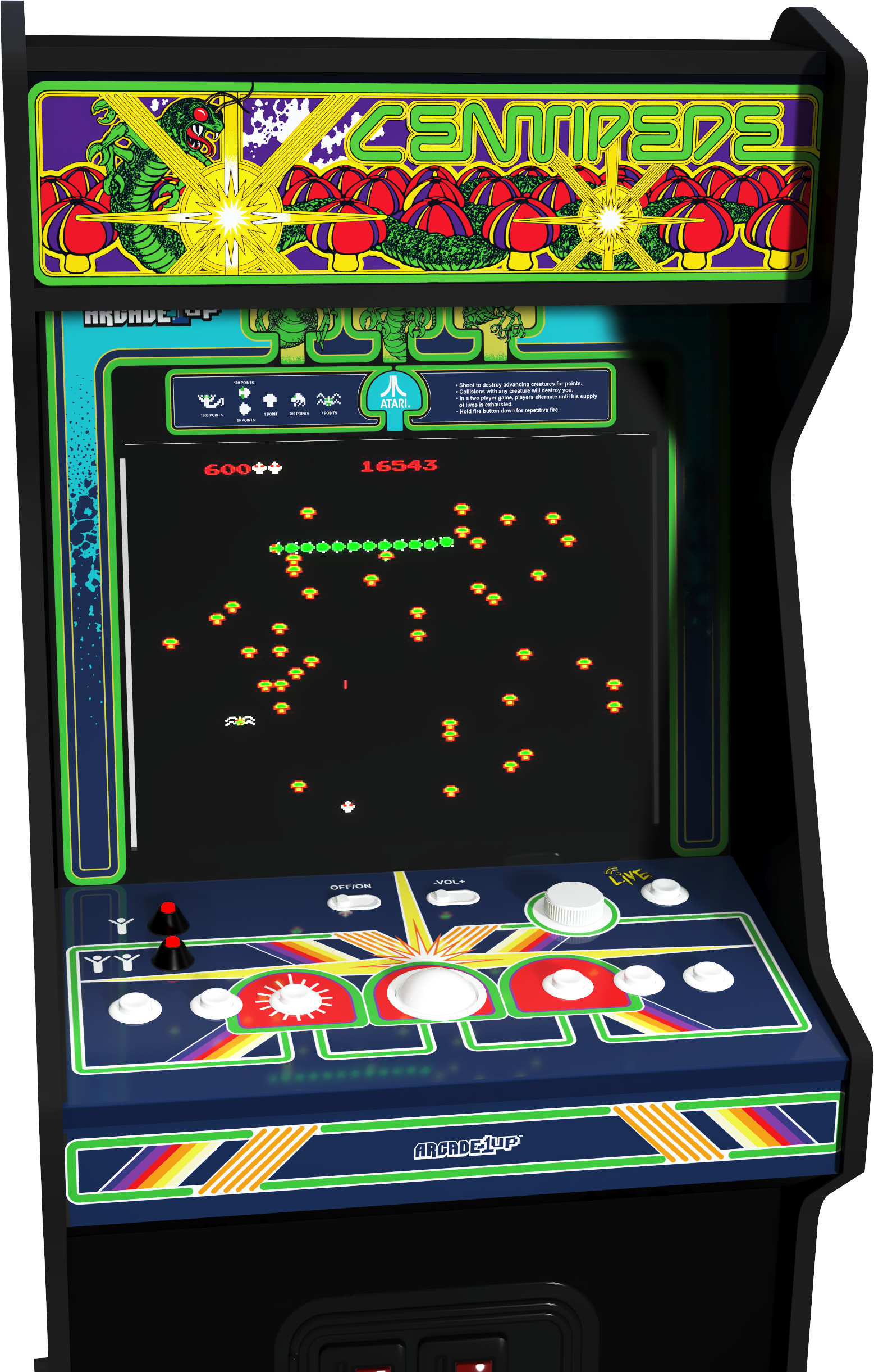 Centipede játékkal rendelkező arcade gép. Zöld, piros és sárga grafika. A játékképernyő a játékmenetet pontszámmal mutatja.