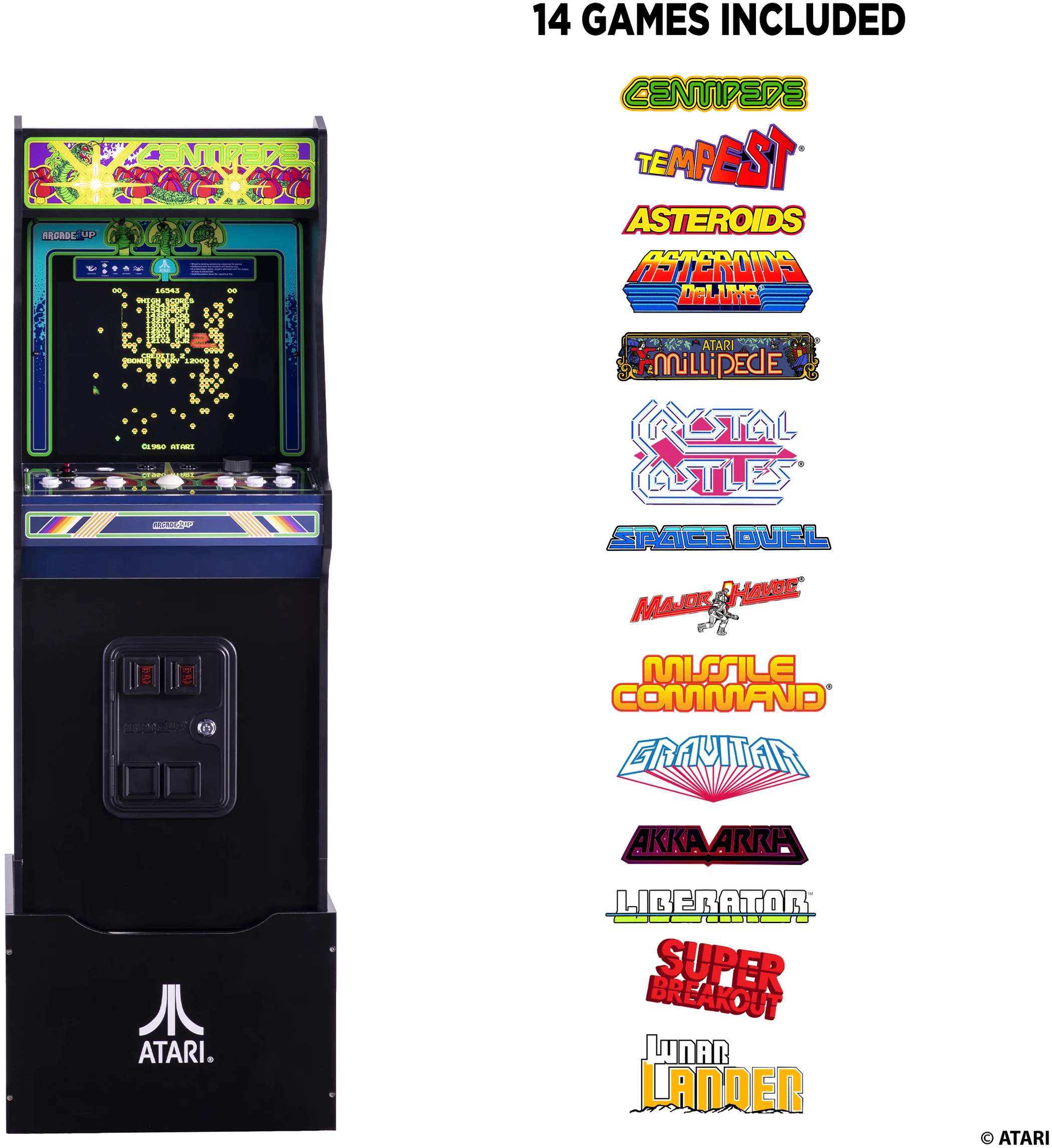 Egy Arcade1Up gép 14 klasszikus játékkal, köztük a Centipede és az Asteroids. Fekete szekrénye van, rajta az Atari logóval.